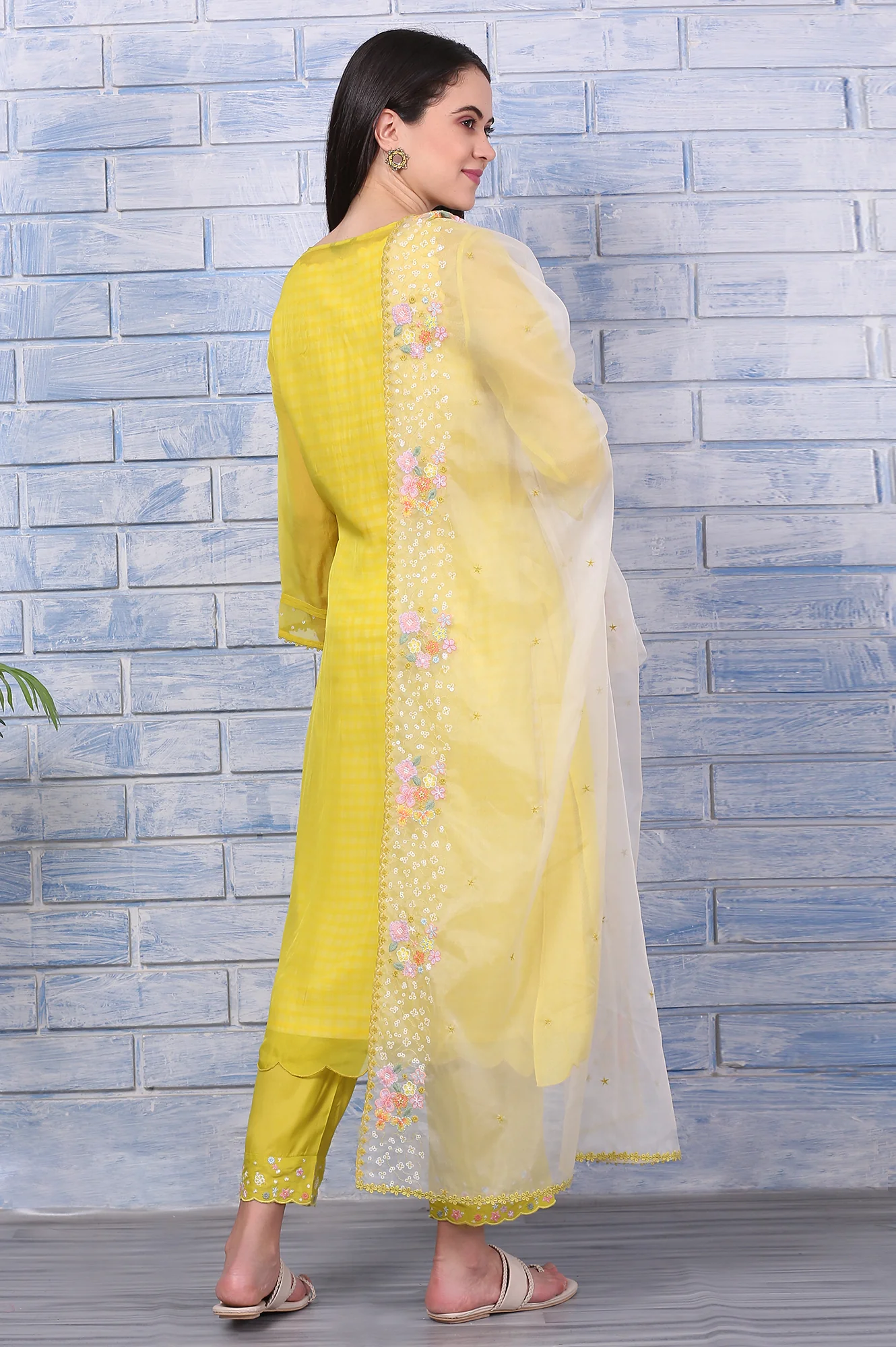 Yellow Embroidered A-line Organza Festive Kurta, Pants and Dupatta Set - Image 6