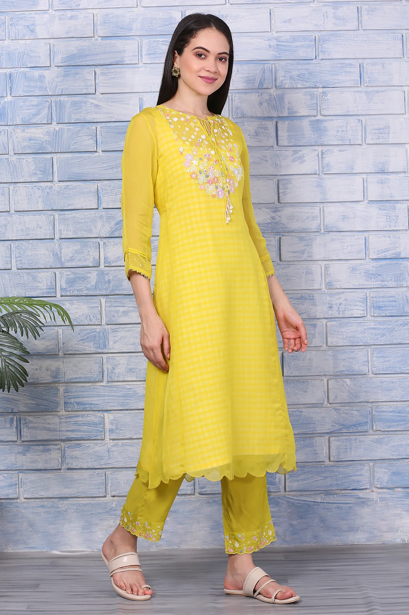 Yellow Embroidered A-line Organza Festive Kurta, Pants and Dupatta Set - Image 7