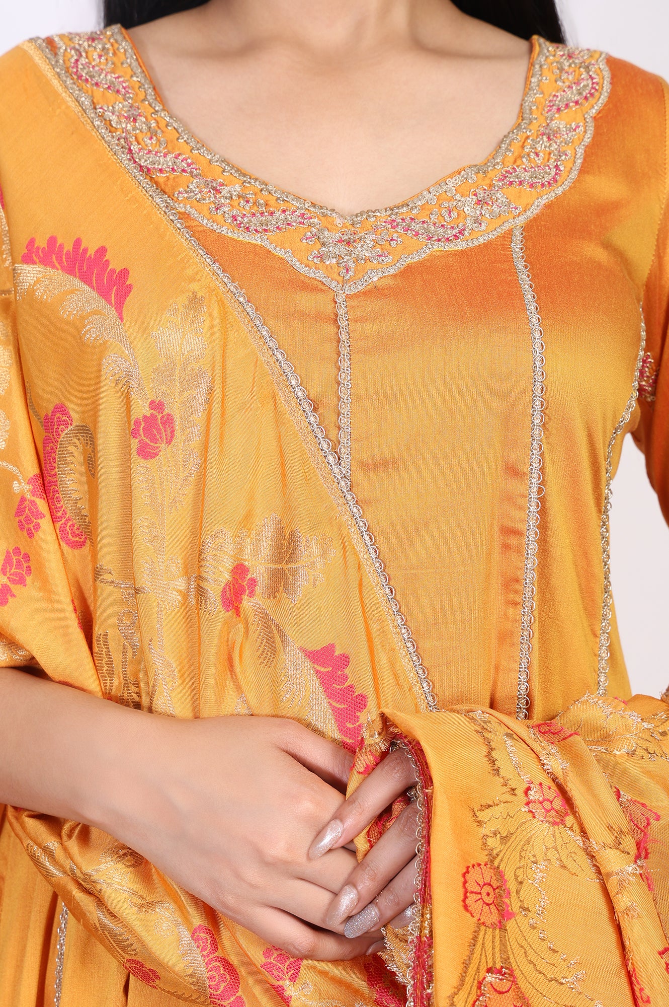 Yellow Embroidered Anarkali Jacquard Kurta with Straight Pant and Dupatta Set - Image 3