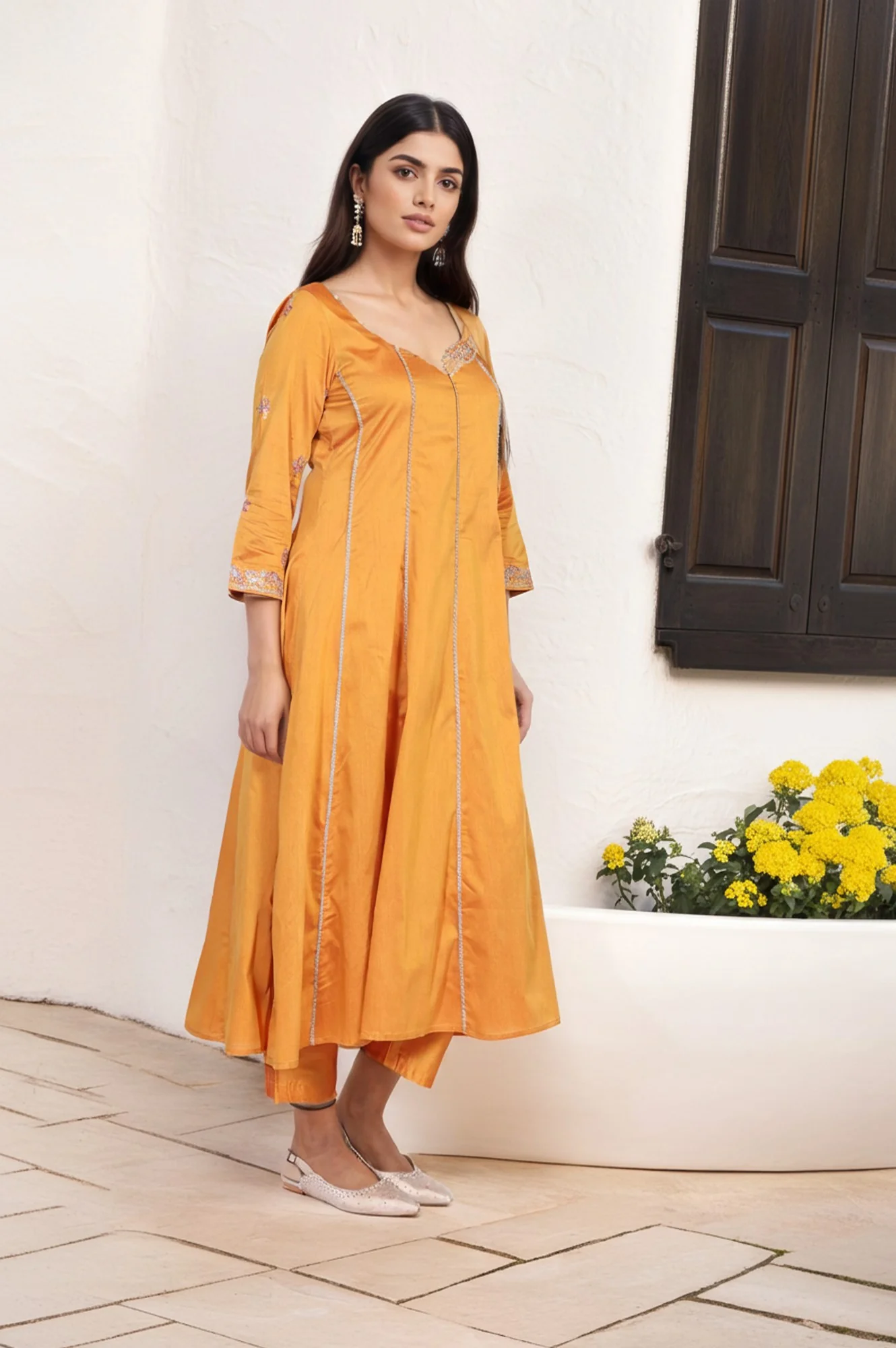 Yellow Embroidered Anarkali Jacquard Kurta with Straight Pant and Dupatta Set - Image 4