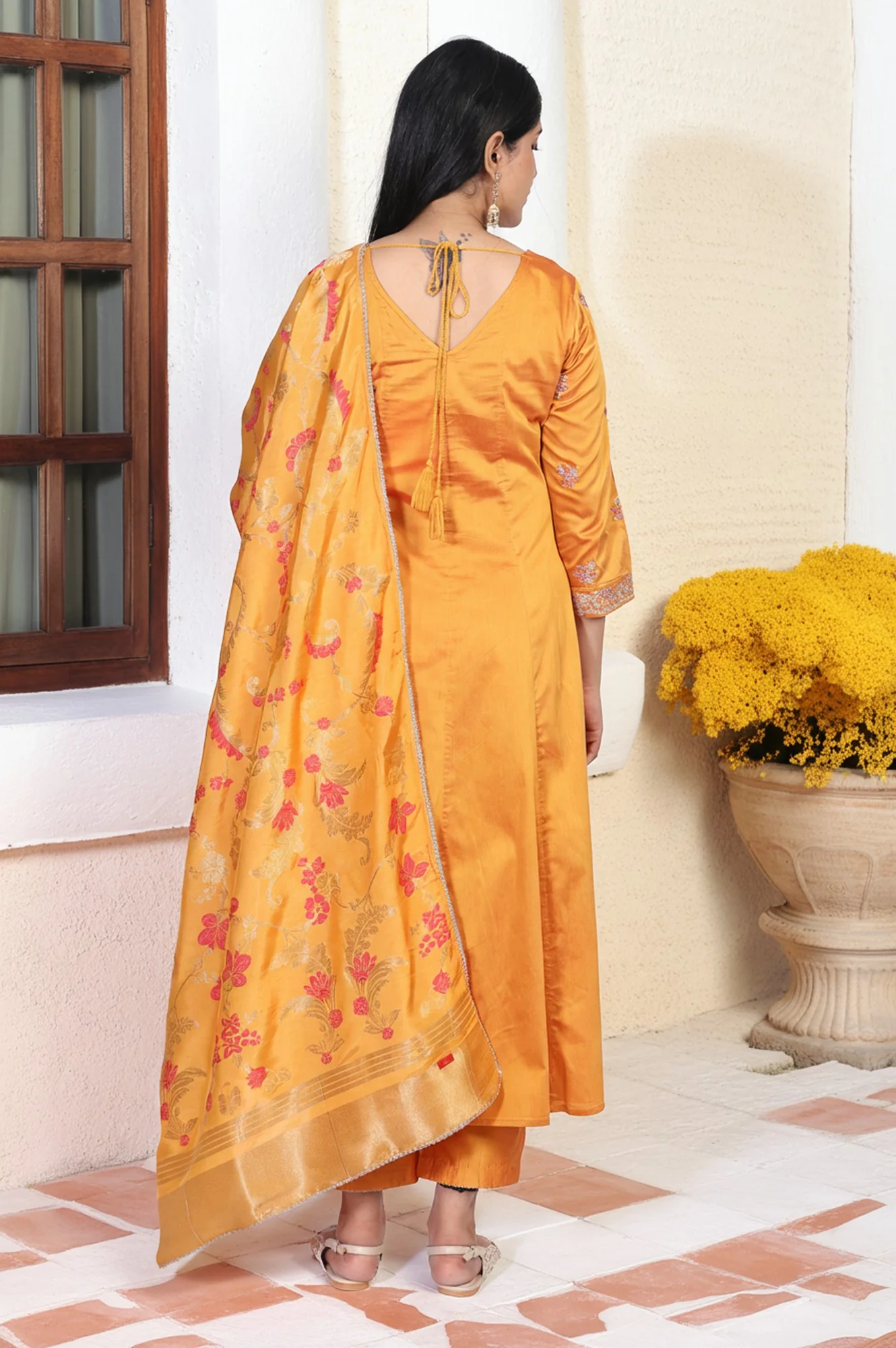 Yellow Embroidered Anarkali Jacquard Kurta with Straight Pant and Dupatta Set - Image 5
