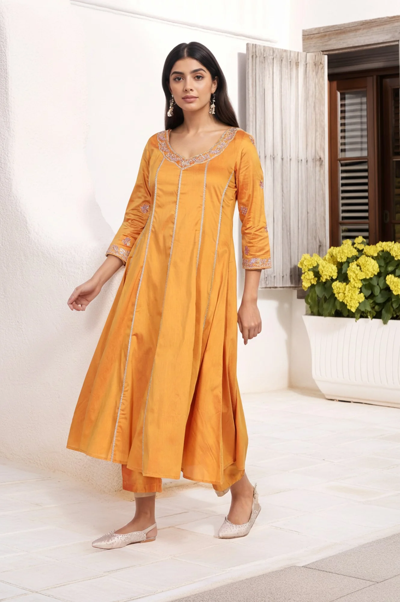Yellow Embroidered Anarkali Jacquard Kurta with Straight Pant and Dupatta Set - Image 6