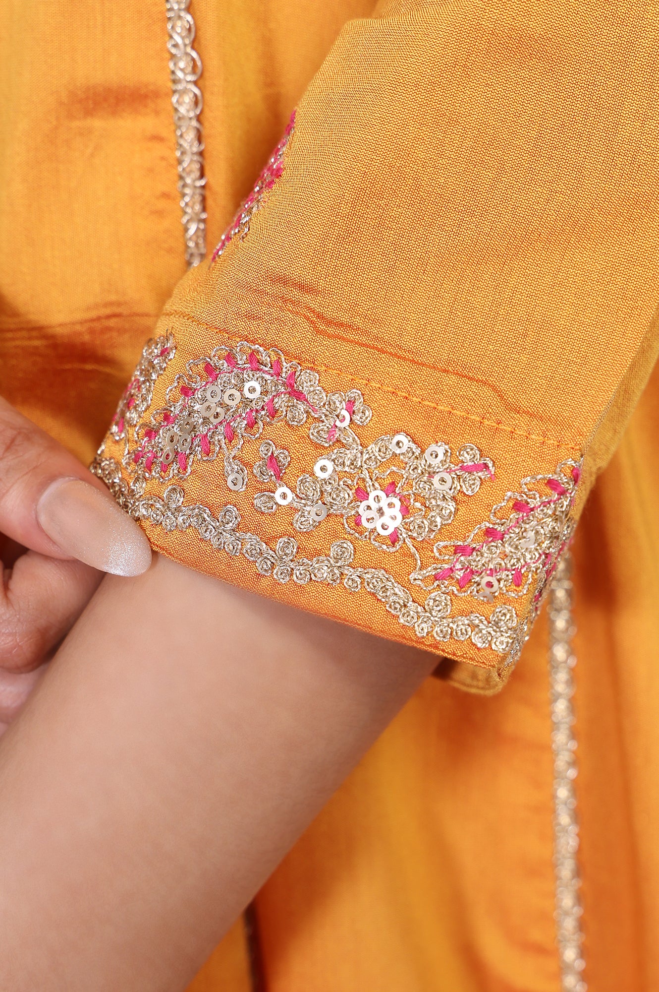 Yellow Embroidered Anarkali Jacquard Kurta with Straight Pant and Dupatta Set - Image 8