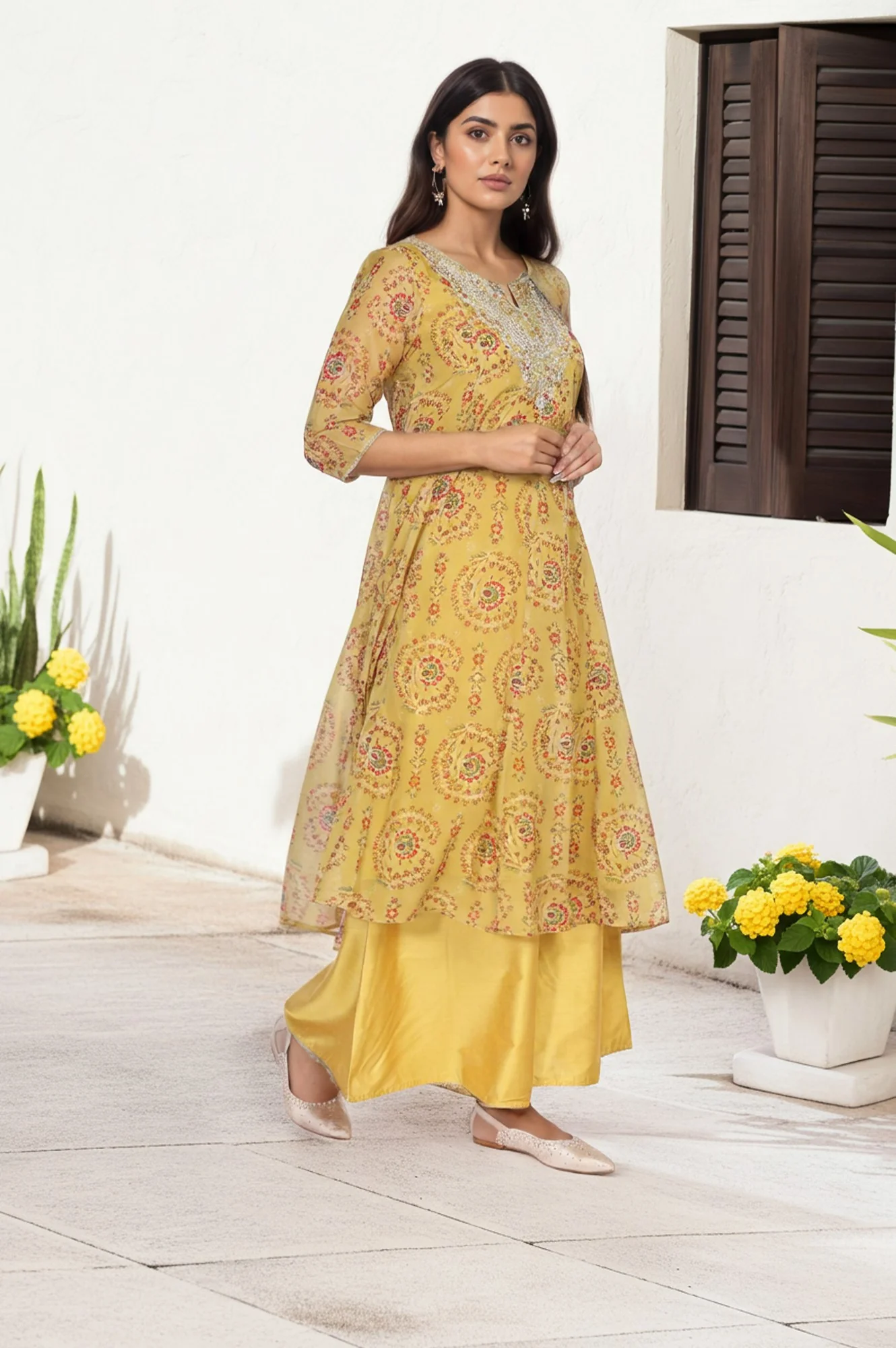 Yellow Embroidered Anarkali Organza Kurta with Flared Pant and Dupatta Set - Image 4