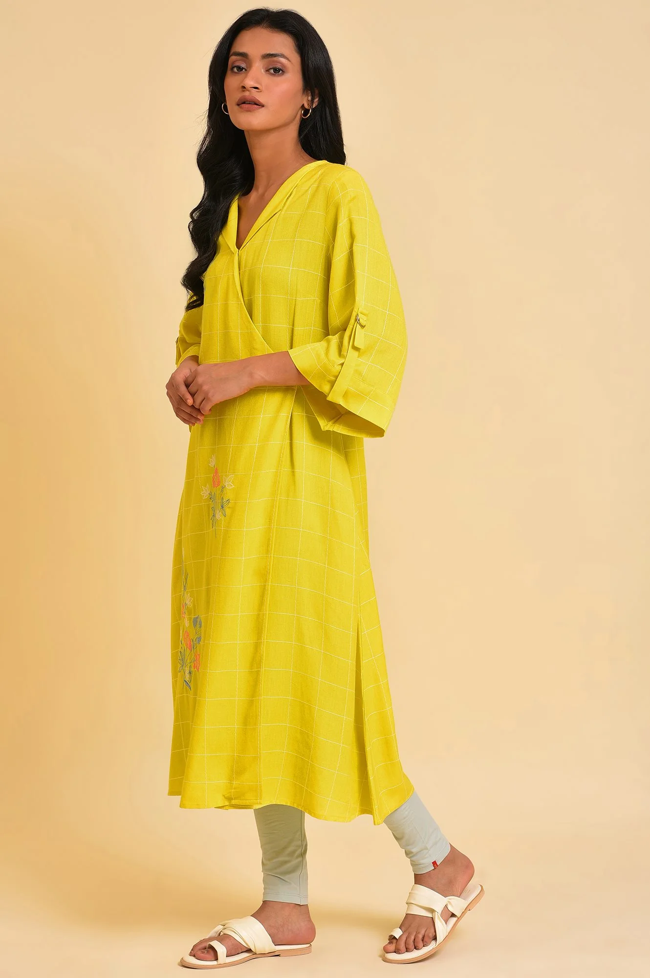 Yellow Embroidered Checker Wrap Dress - Image 3