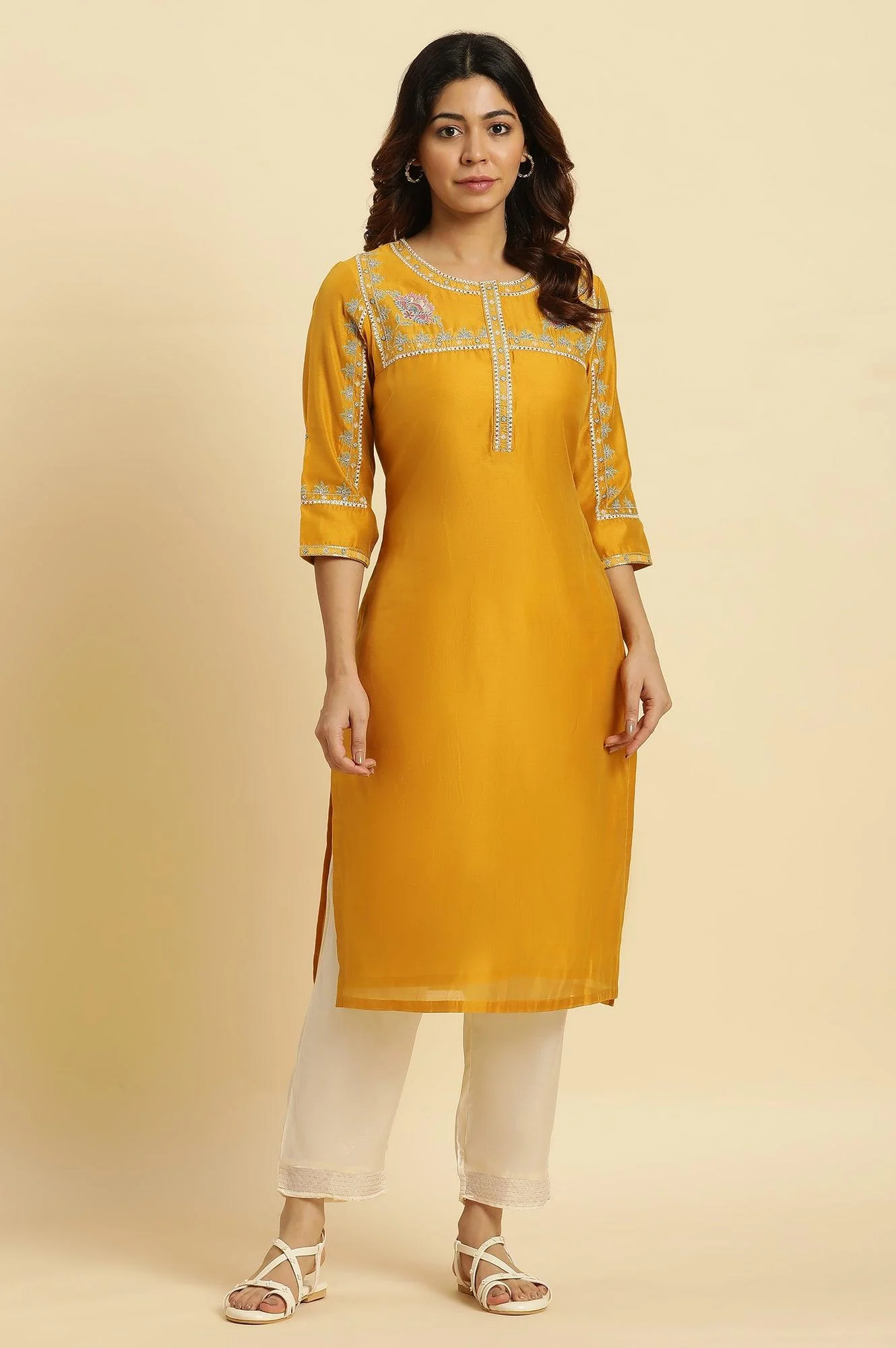 Yellow Embroidered Festive Straight Kurta - Image 3
