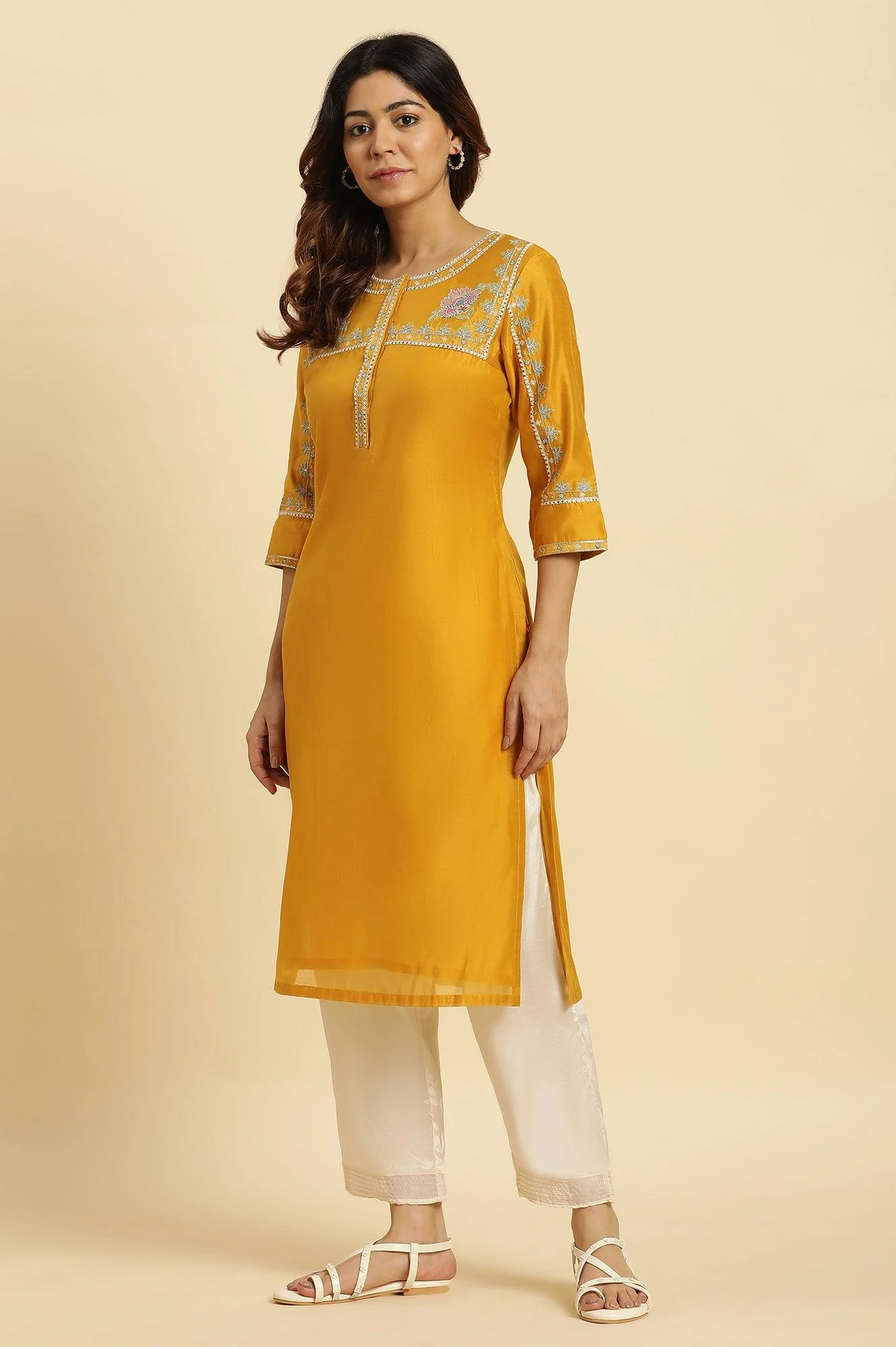 Yellow Embroidered Festive Straight Kurta - Image 4