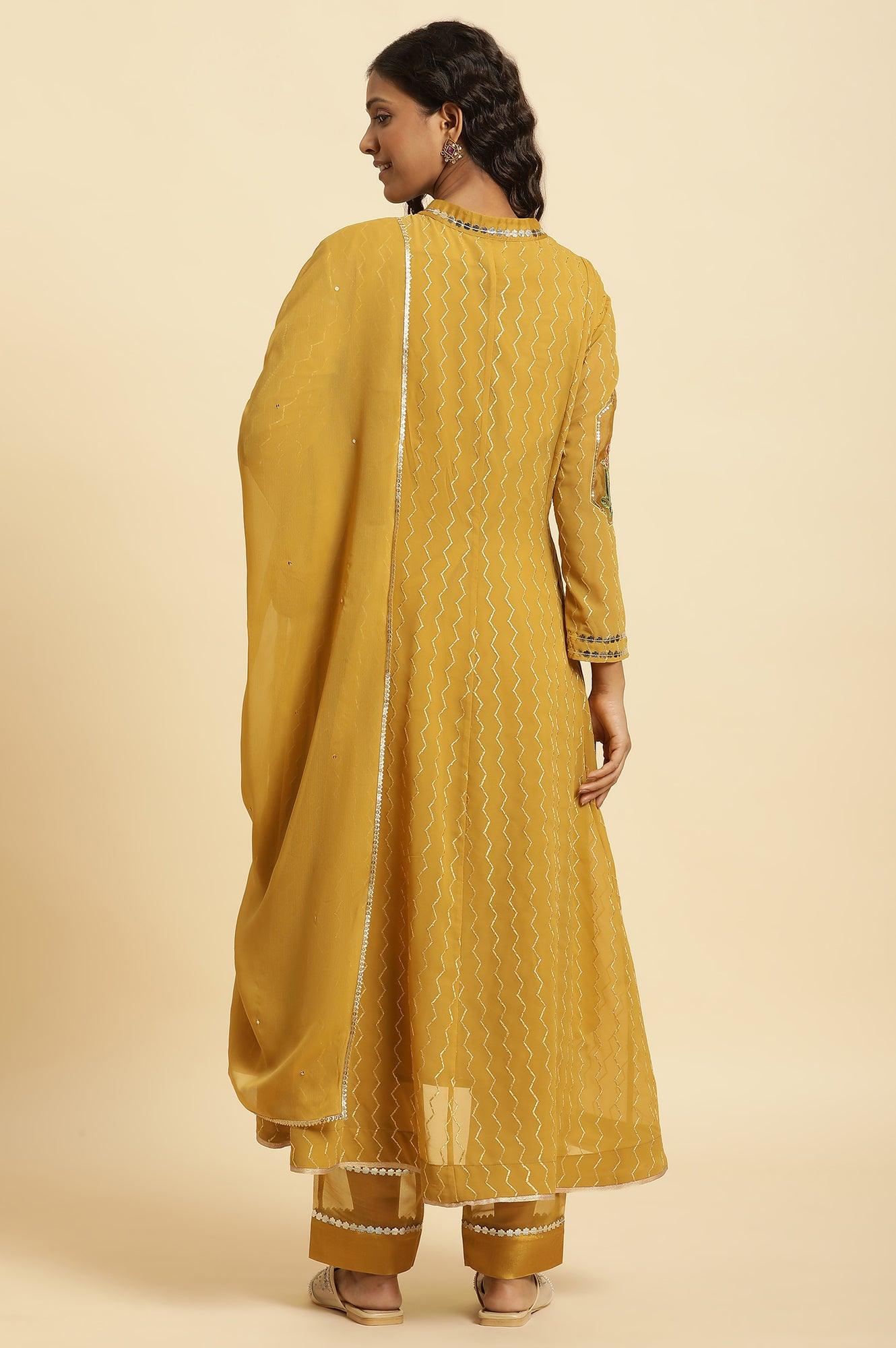 Yellow Embroidered Kurta, Pants And Dupatta Set - Image 4