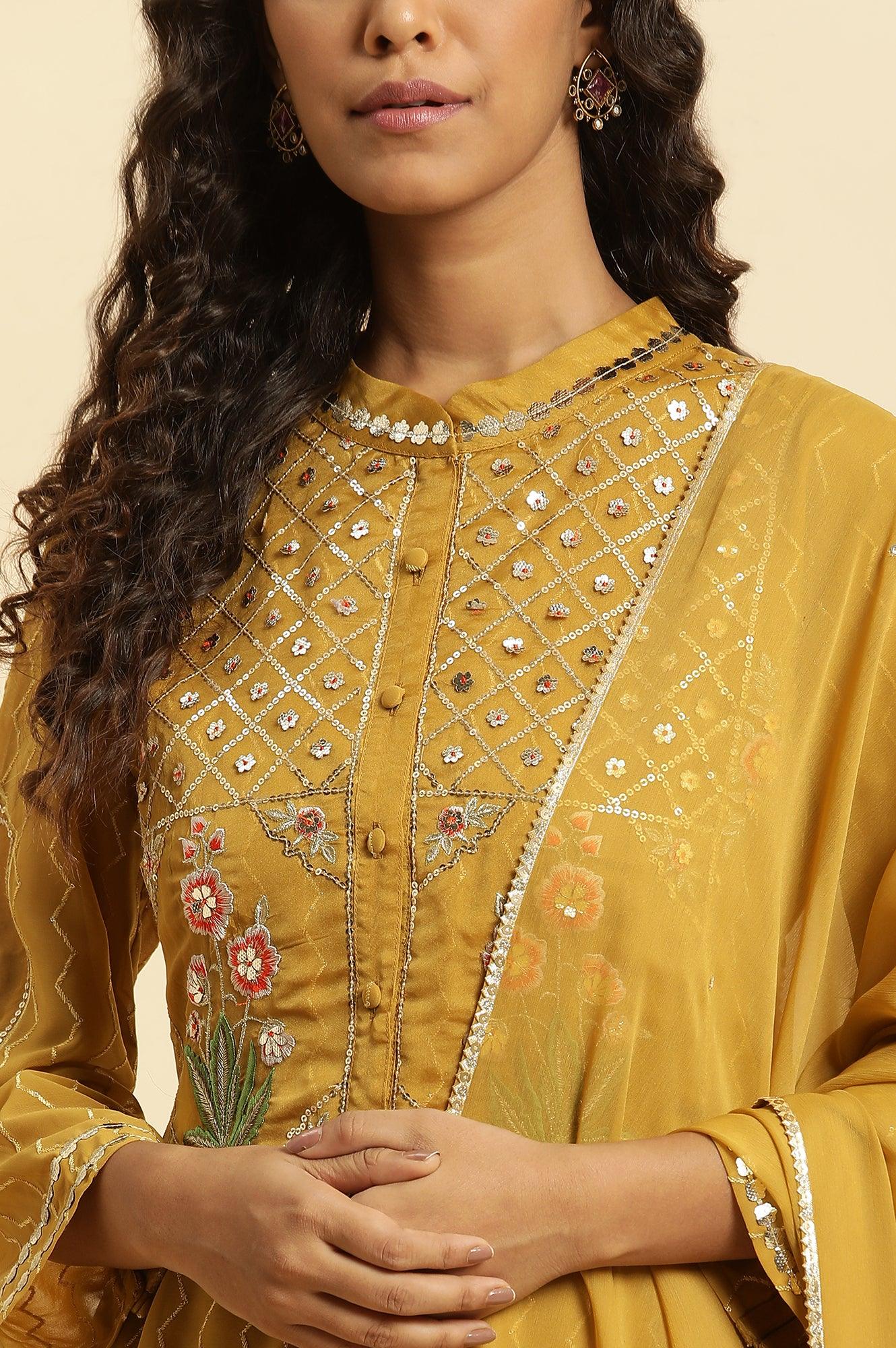 Yellow Embroidered Kurta, Pants And Dupatta Set - Image 6