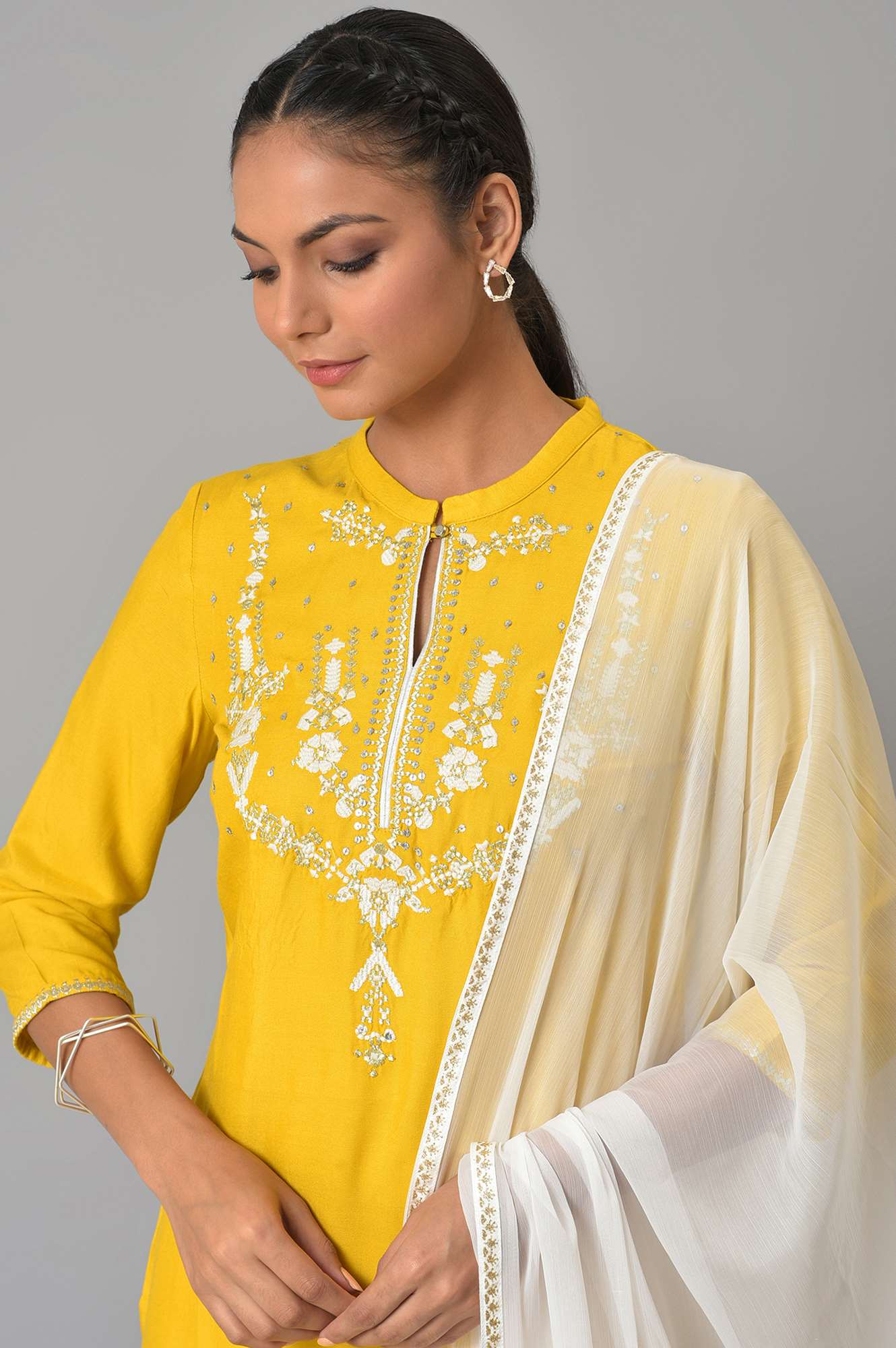 Yellow Embroidered kurta With White Tights And Dupatta. - Image 5