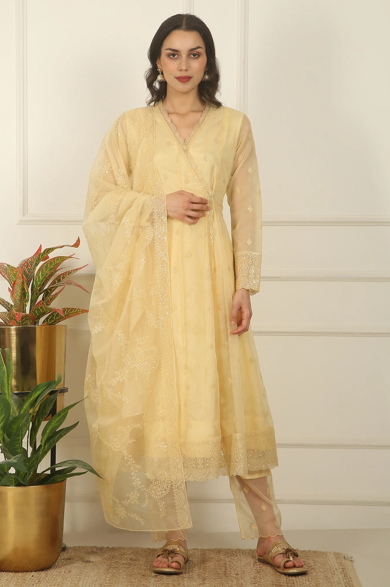 Yellow Embroidered Organza Angarakha Kurta, Pants and Dupatta Set - Image 4