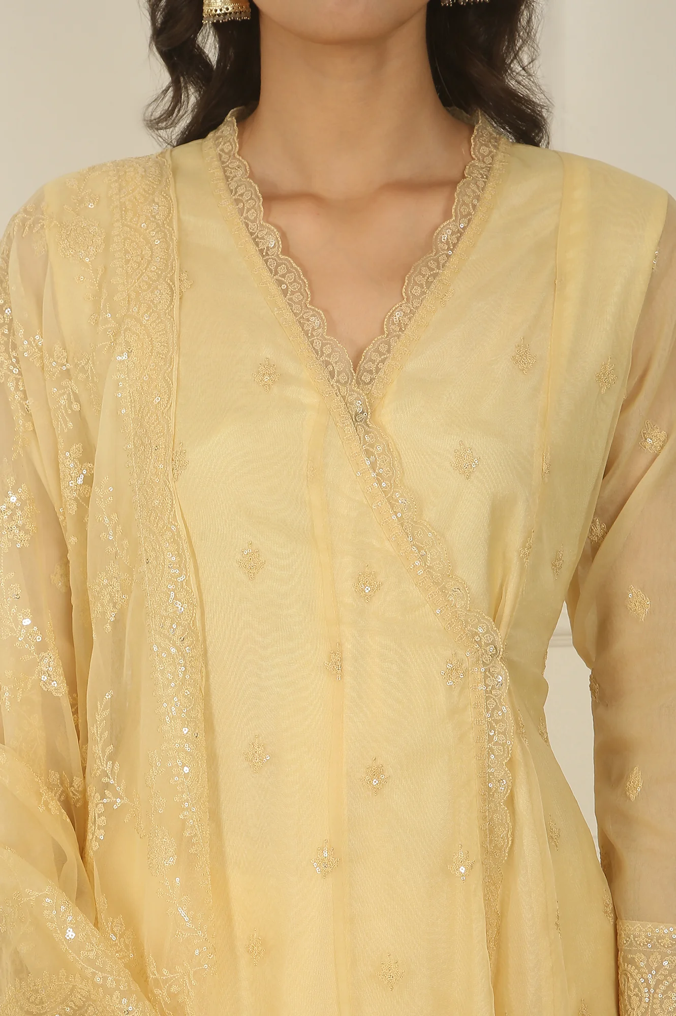 Yellow Embroidered Organza Angarakha Kurta, Pants and Dupatta Set - Image 5