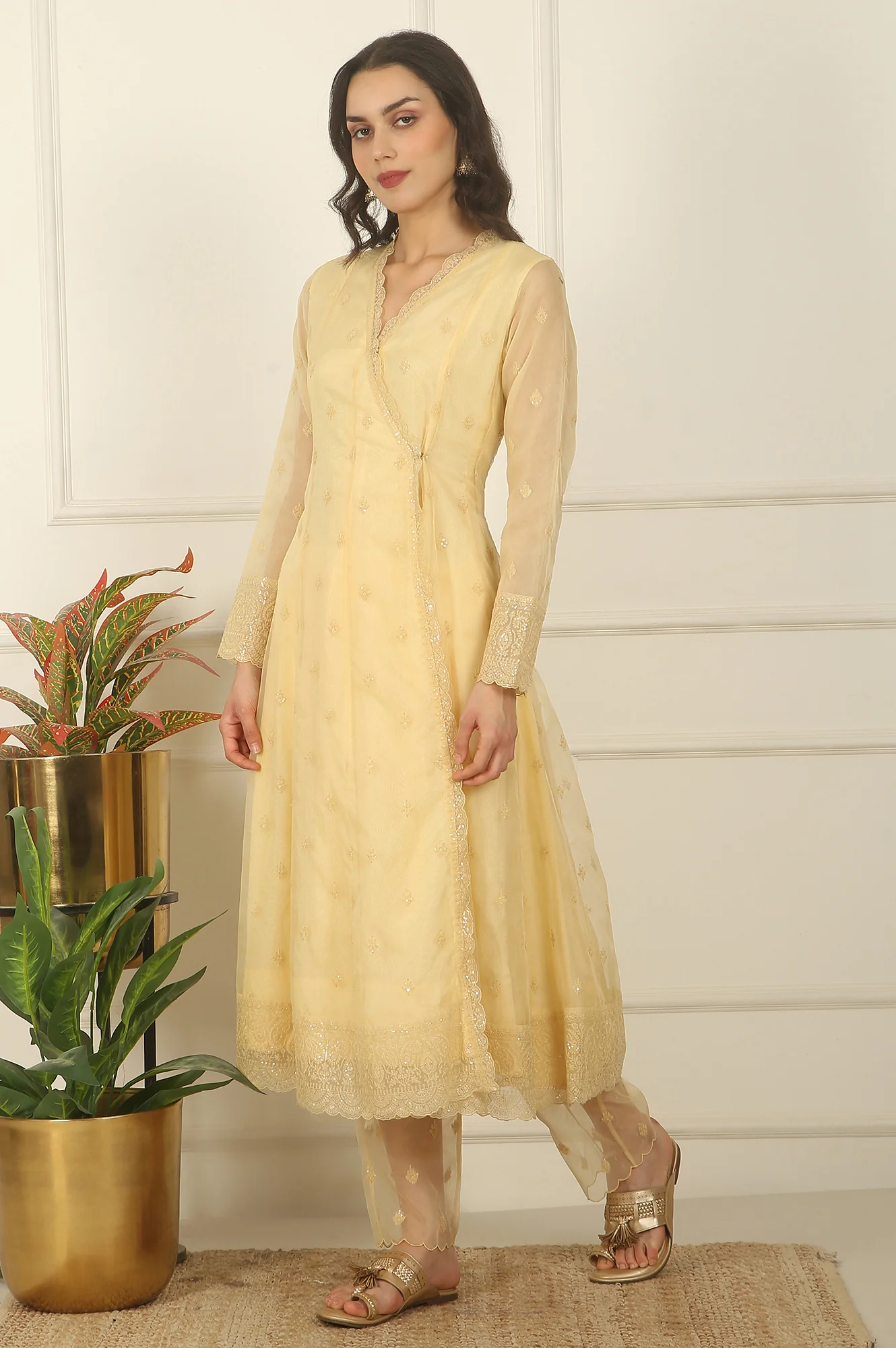 Yellow Embroidered Organza Angarakha Kurta, Pants and Dupatta Set - Image 6