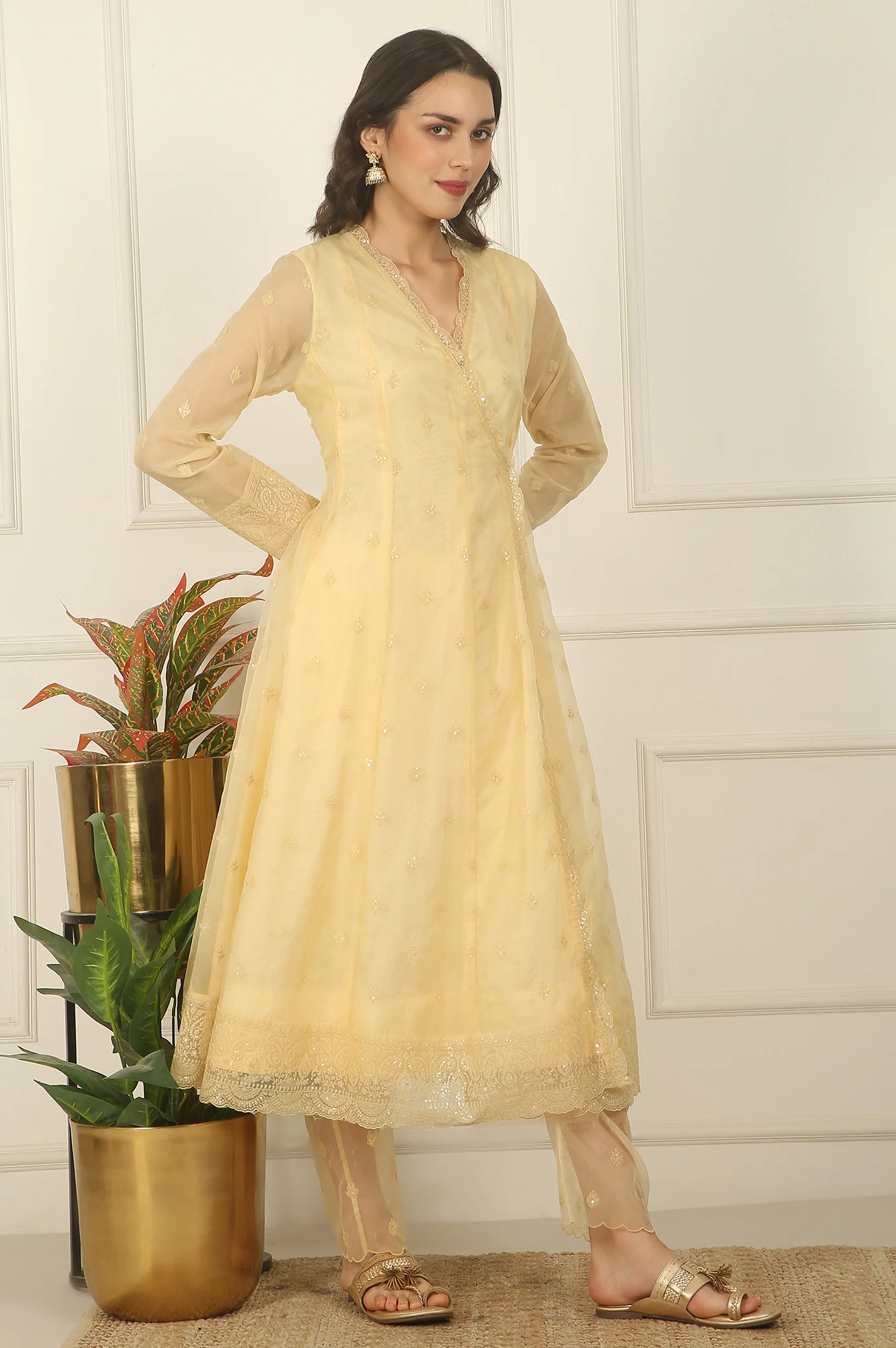 Yellow Embroidered Organza Angarakha Kurta, Pants and Dupatta Set - Image 8