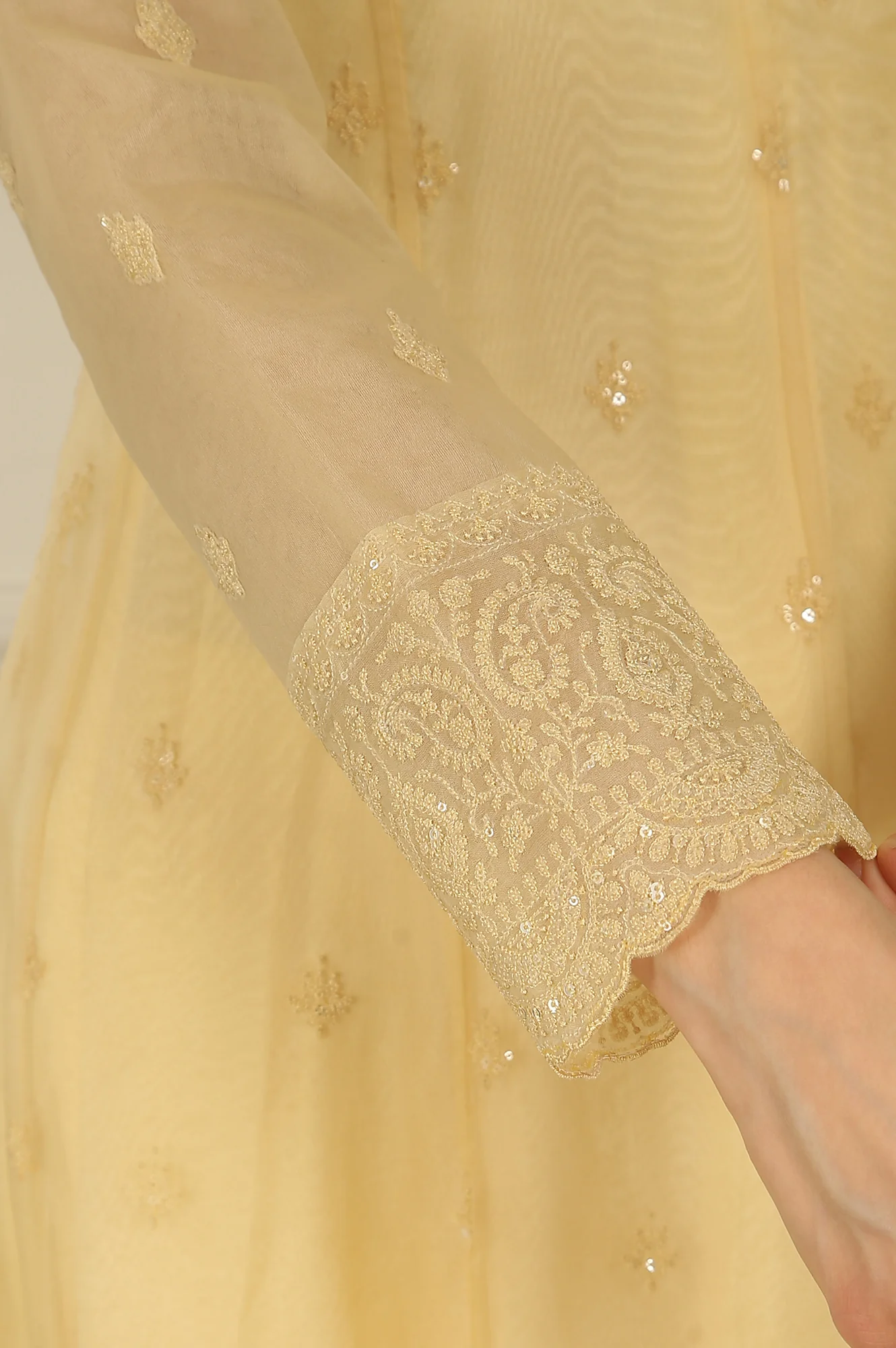 Yellow Embroidered Organza Angarakha Kurta, Pants and Dupatta Set - Image 9