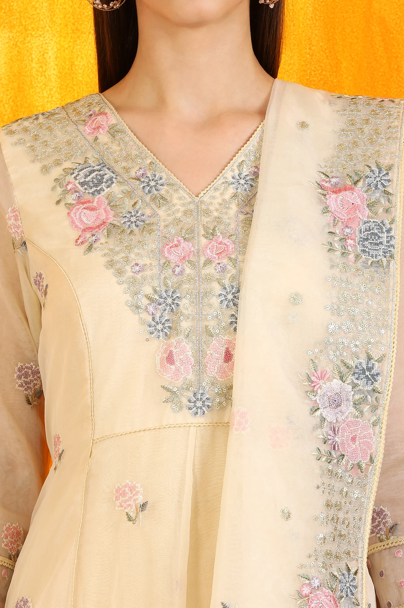 Yellow Embroidered Organza Flared Kurta, Straight Pants and Dupatta Set - Image 4