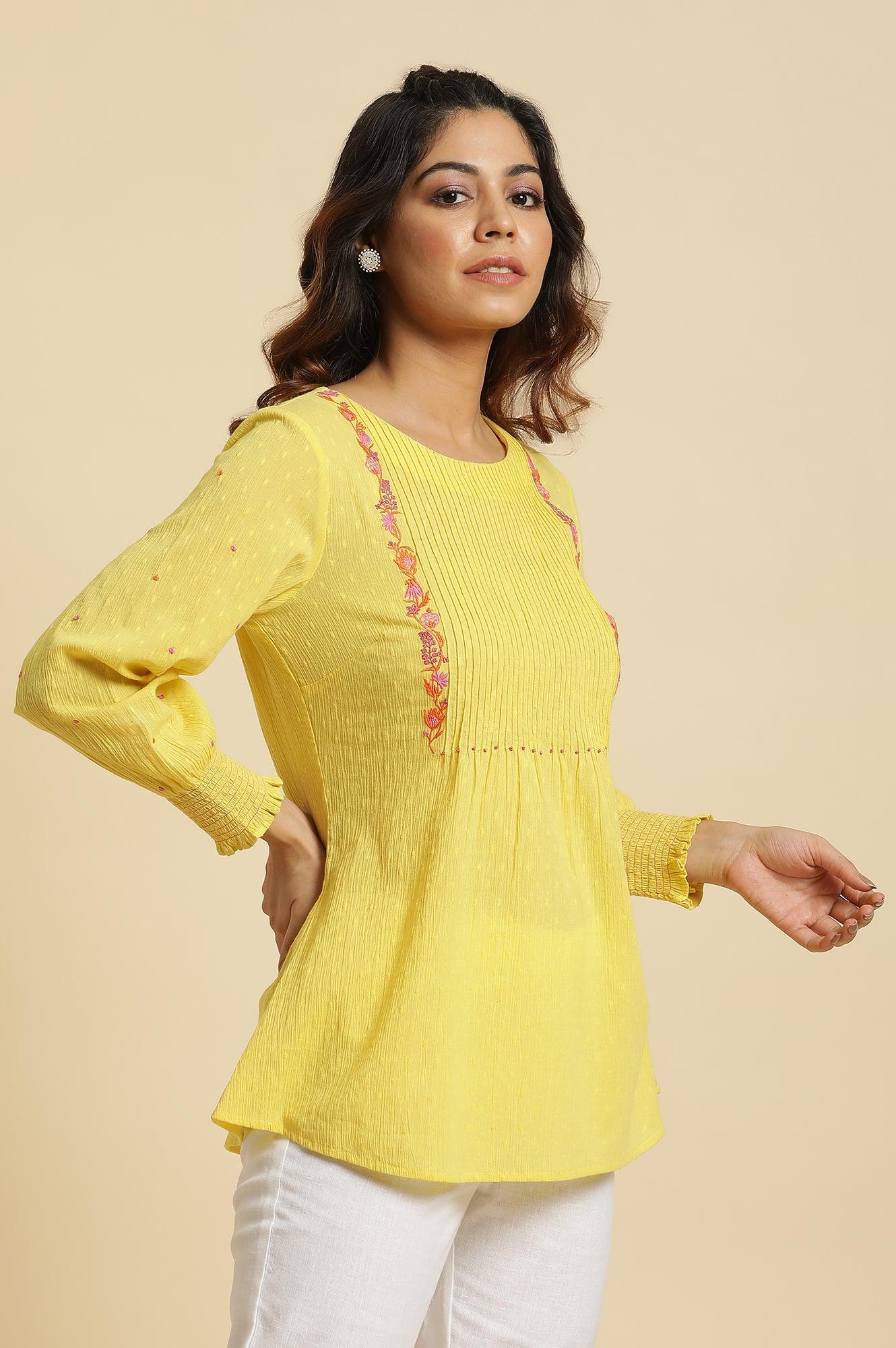 Yellow Embroidered Pintuck Top - Image 4