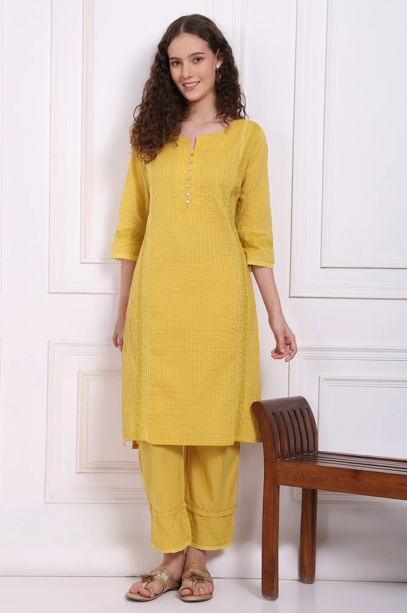 Yellow Embroidered Pure Cotton Straight Kurta and Pants Co-ord Set - Image 2