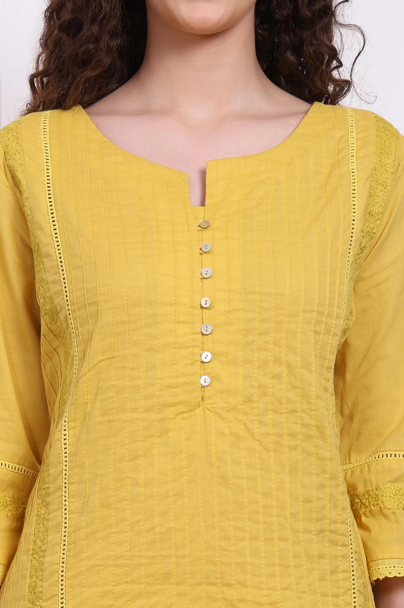Yellow Embroidered Pure Cotton Straight Kurta and Pants Co-ord Set - Image 3