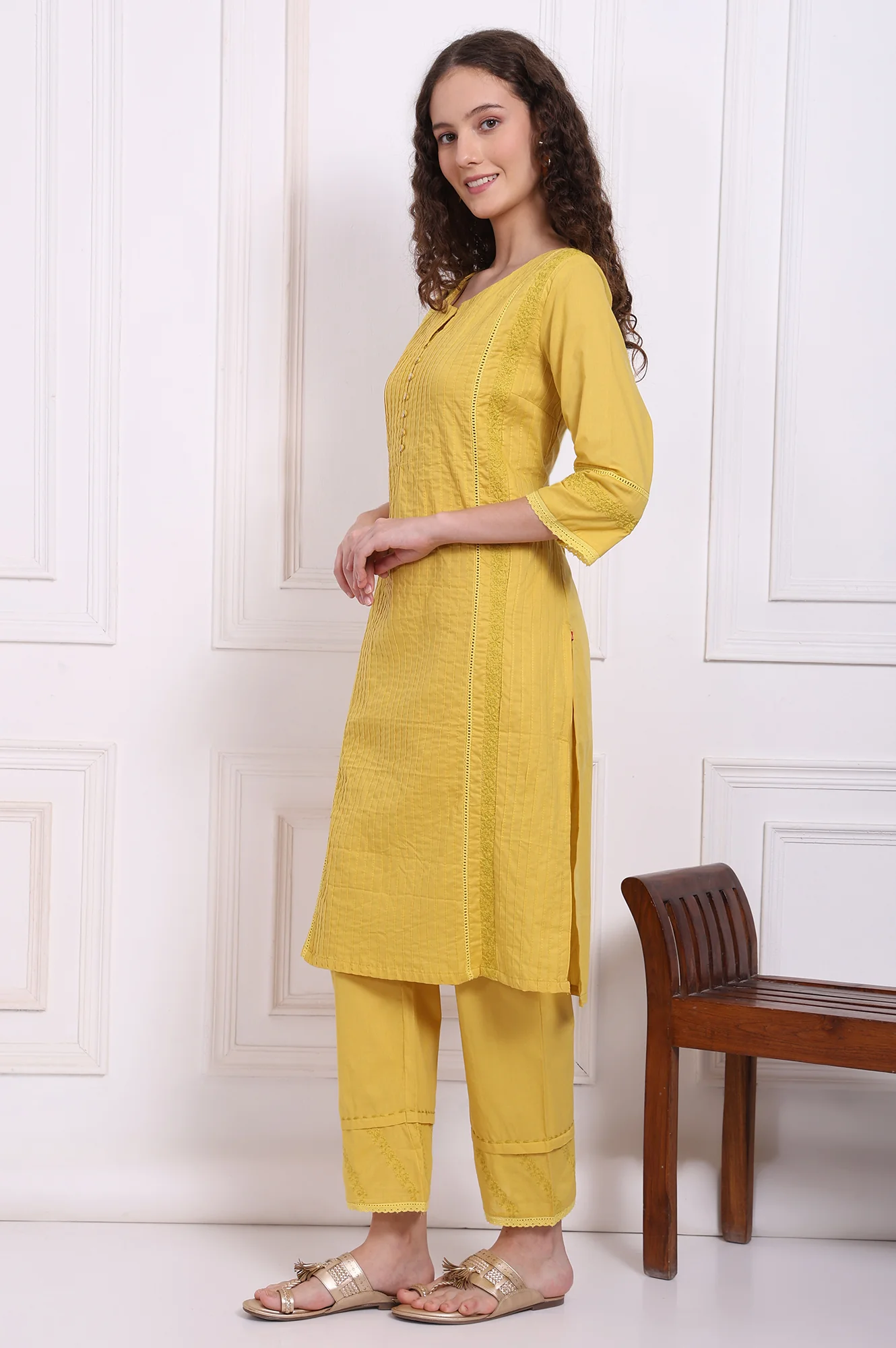 Yellow Embroidered Pure Cotton Straight Kurta and Pants Co-ord Set - Image 4