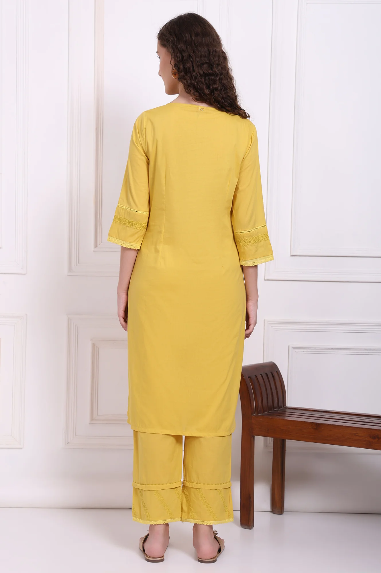 Yellow Embroidered Pure Cotton Straight Kurta and Pants Co-ord Set - Image 5