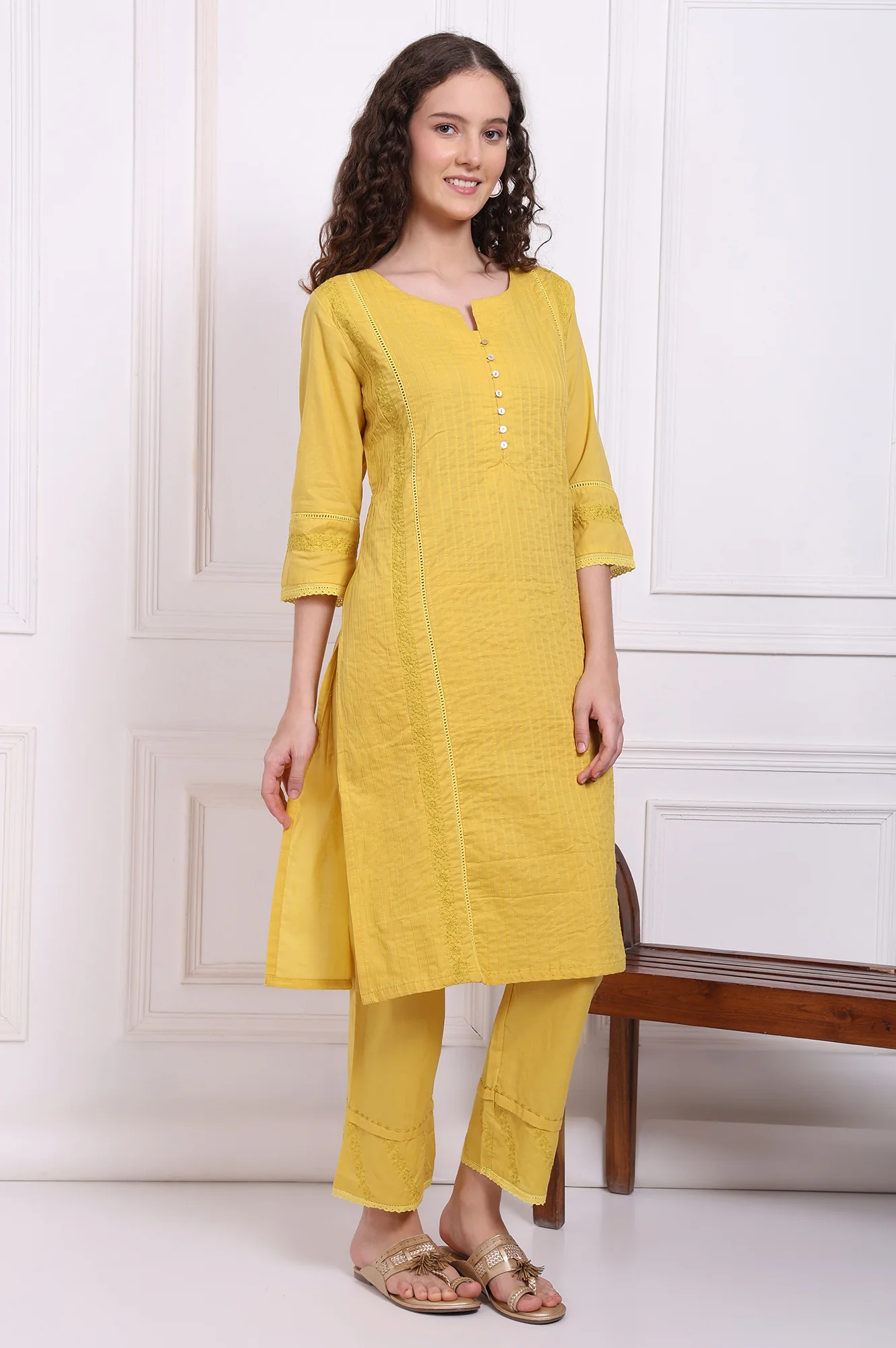 Yellow Embroidered Pure Cotton Straight Kurta and Pants Co-ord Set - Image 6