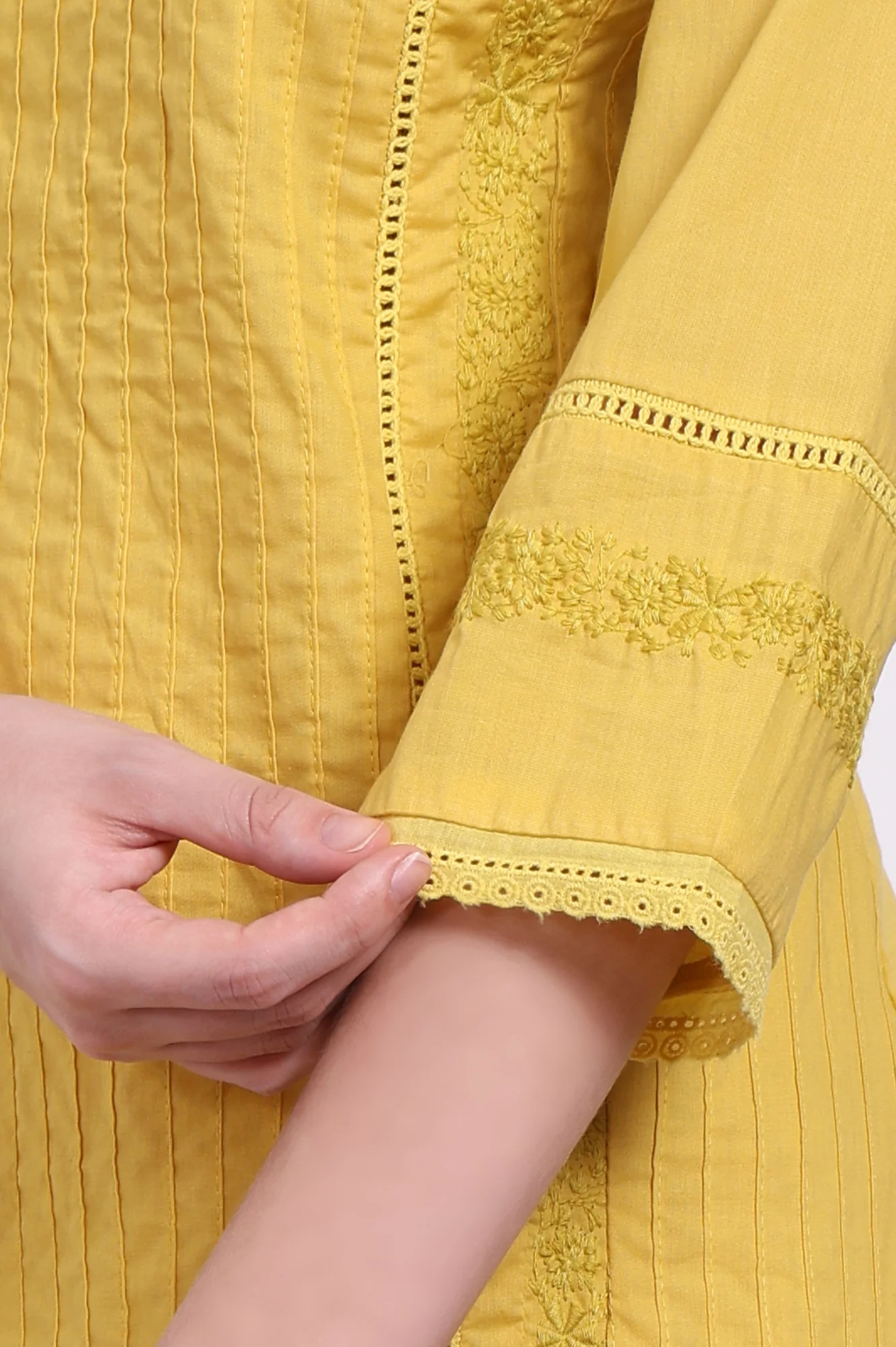 Yellow Embroidered Pure Cotton Straight Kurta and Pants Co-ord Set - Image 7