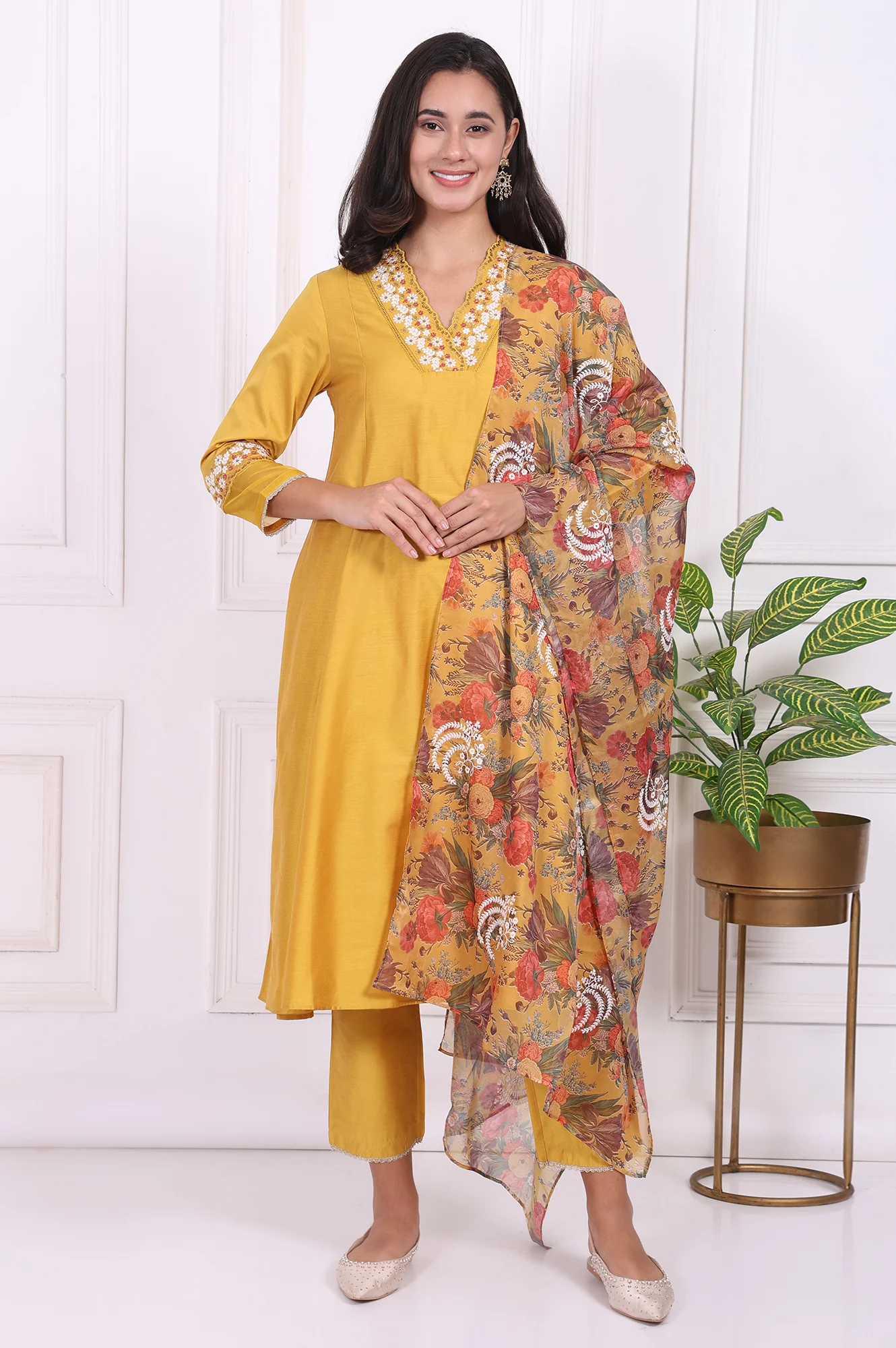 Yellow Embroidered Straight Kurta, Pants and Dupatta Set - Image 2