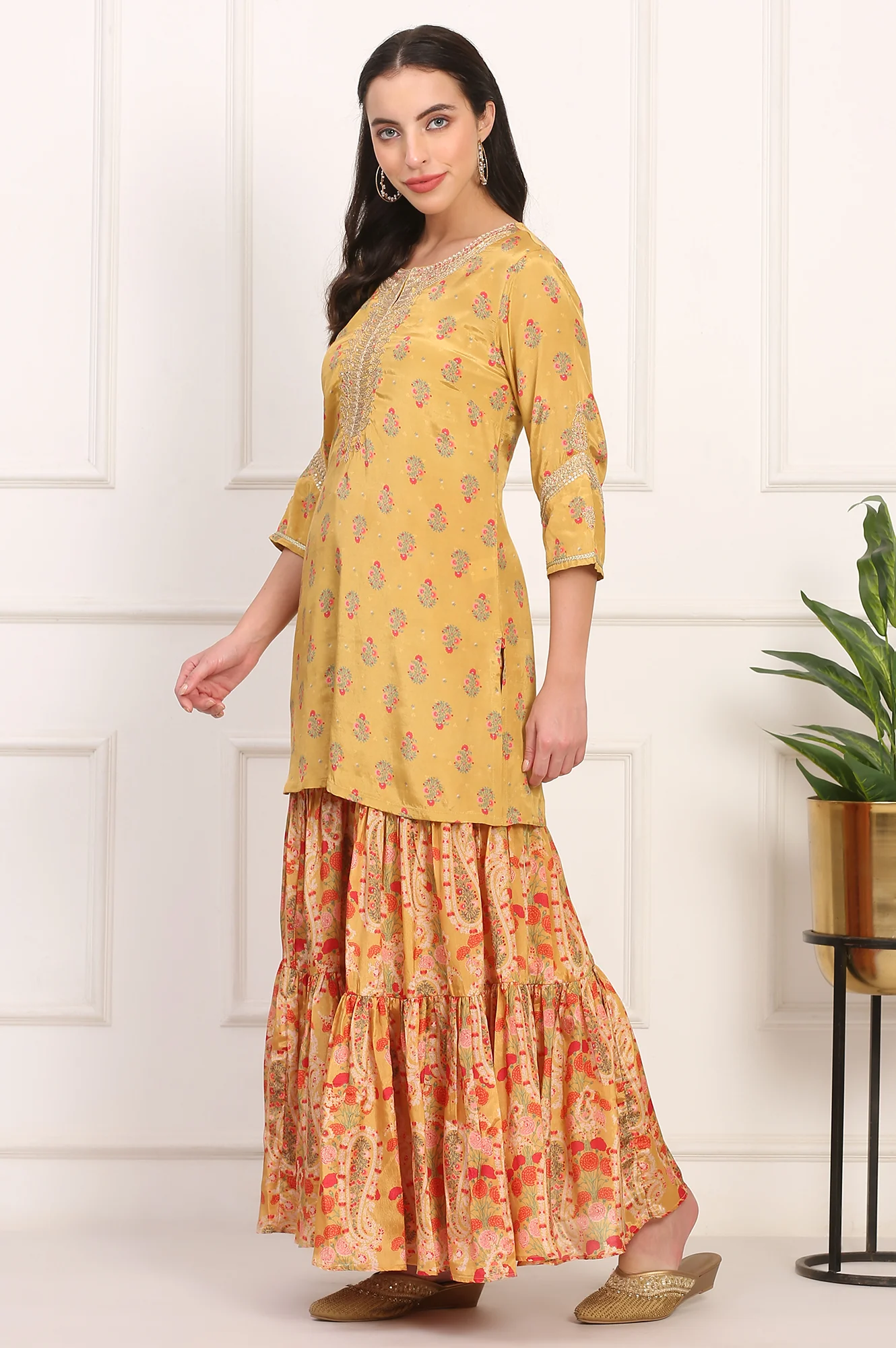 Yellow Embroidered Straight Shantung Kurta with Sharara and Dupatta Set - Image 4