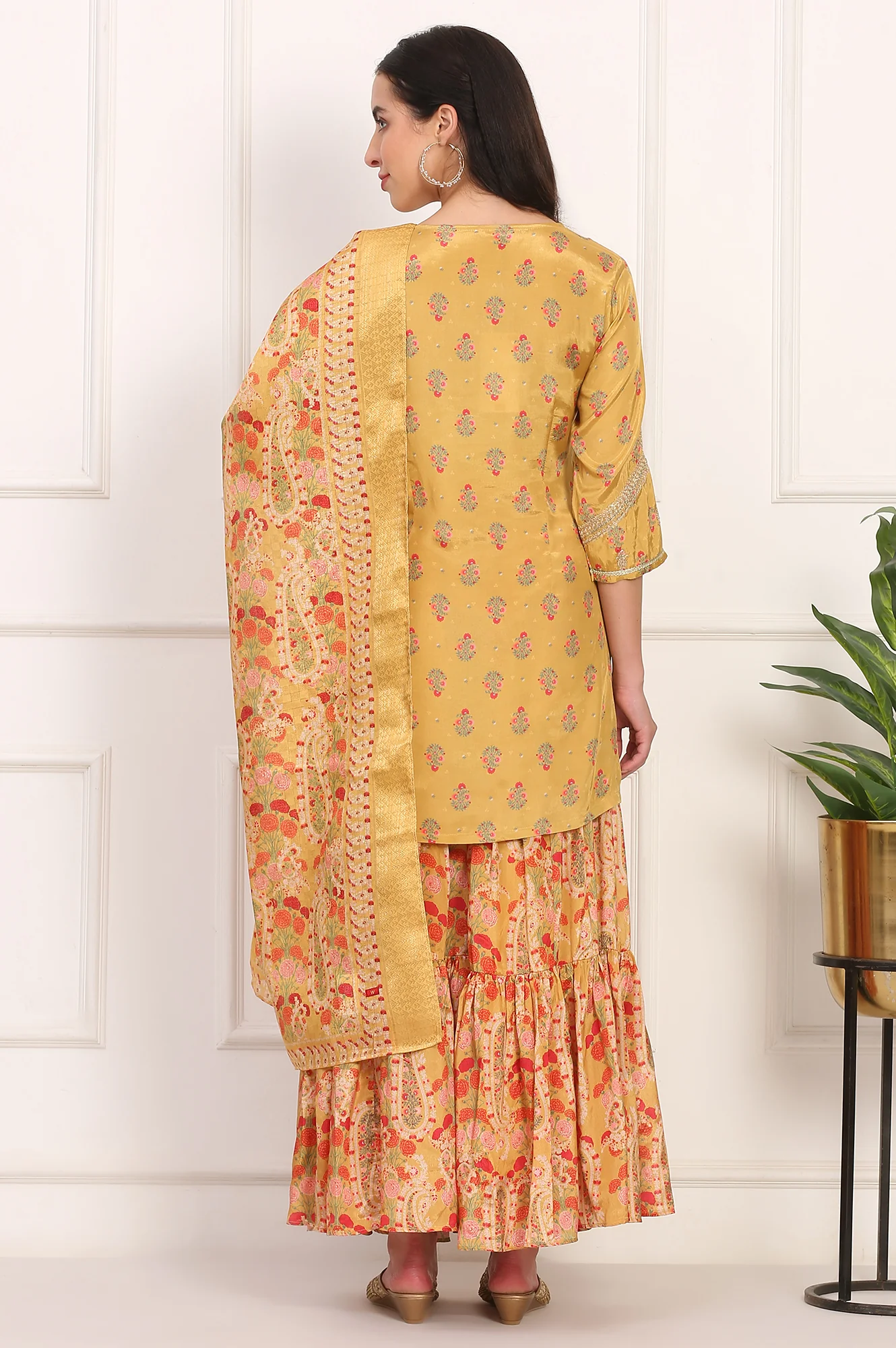 Yellow Embroidered Straight Shantung Kurta with Sharara and Dupatta Set - Image 5