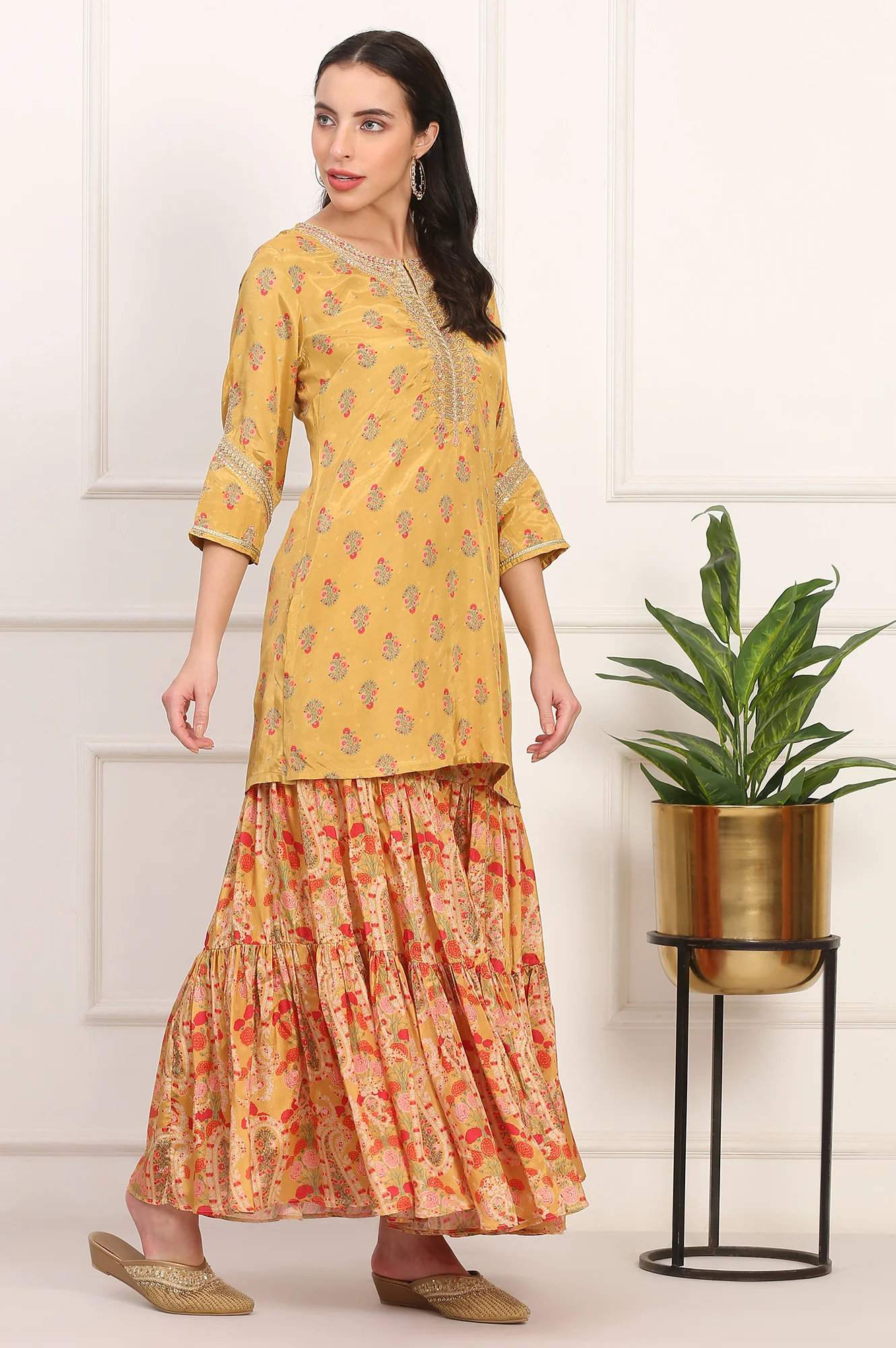 Yellow Embroidered Straight Shantung Kurta with Sharara and Dupatta Set - Image 6