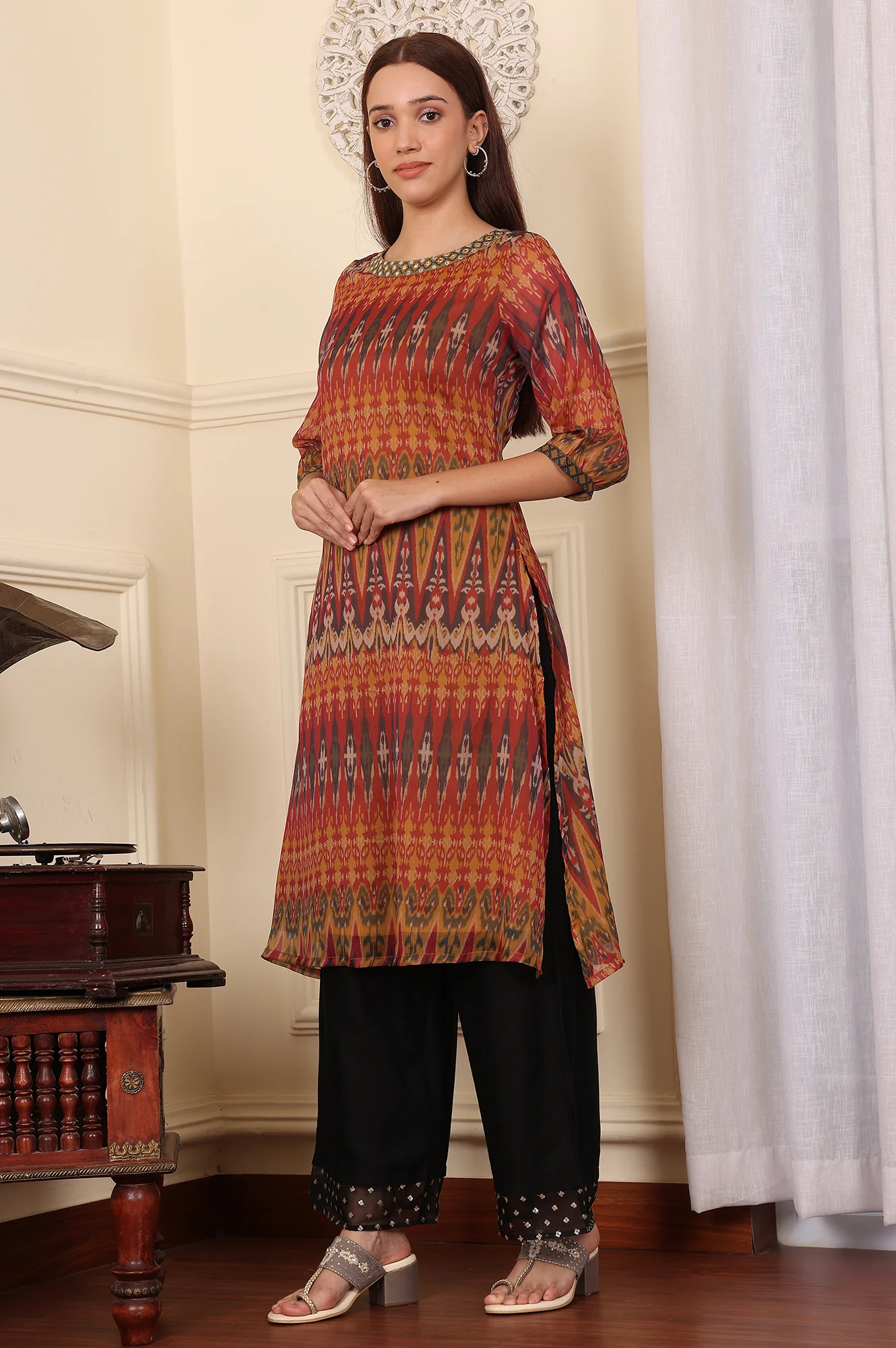 Yellow Ethnic Ikkat Thread Work Straight Woven Kurta - Image 6