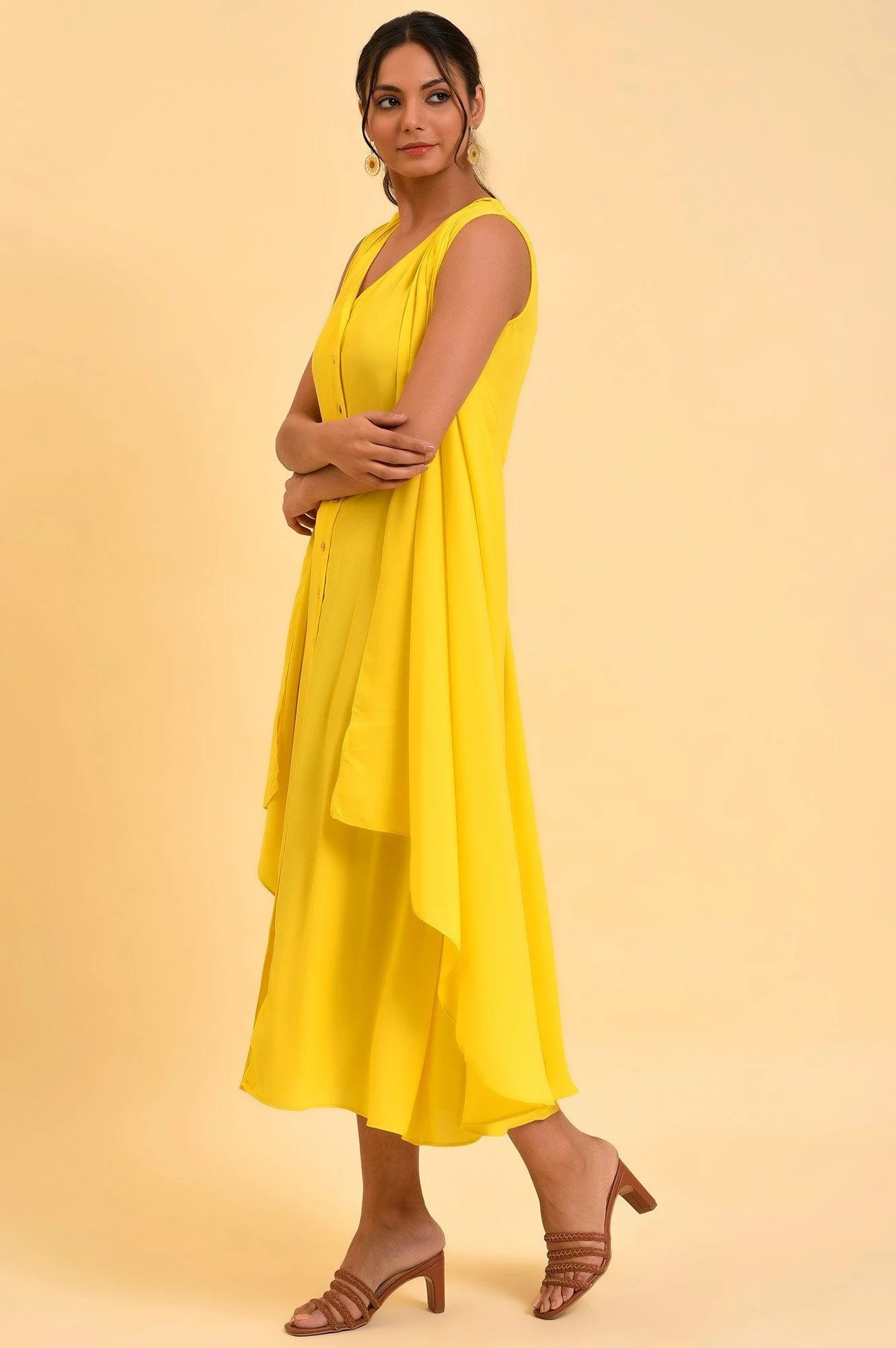Yellow Sleeveless Draped Polyester Dress - Image 3