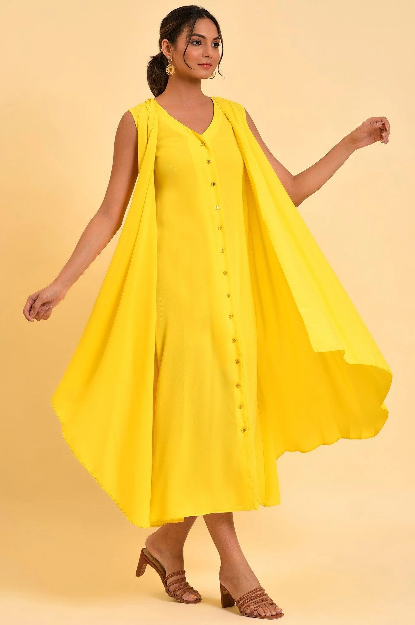 Yellow Sleeveless Draped Polyester Dress - Image 4