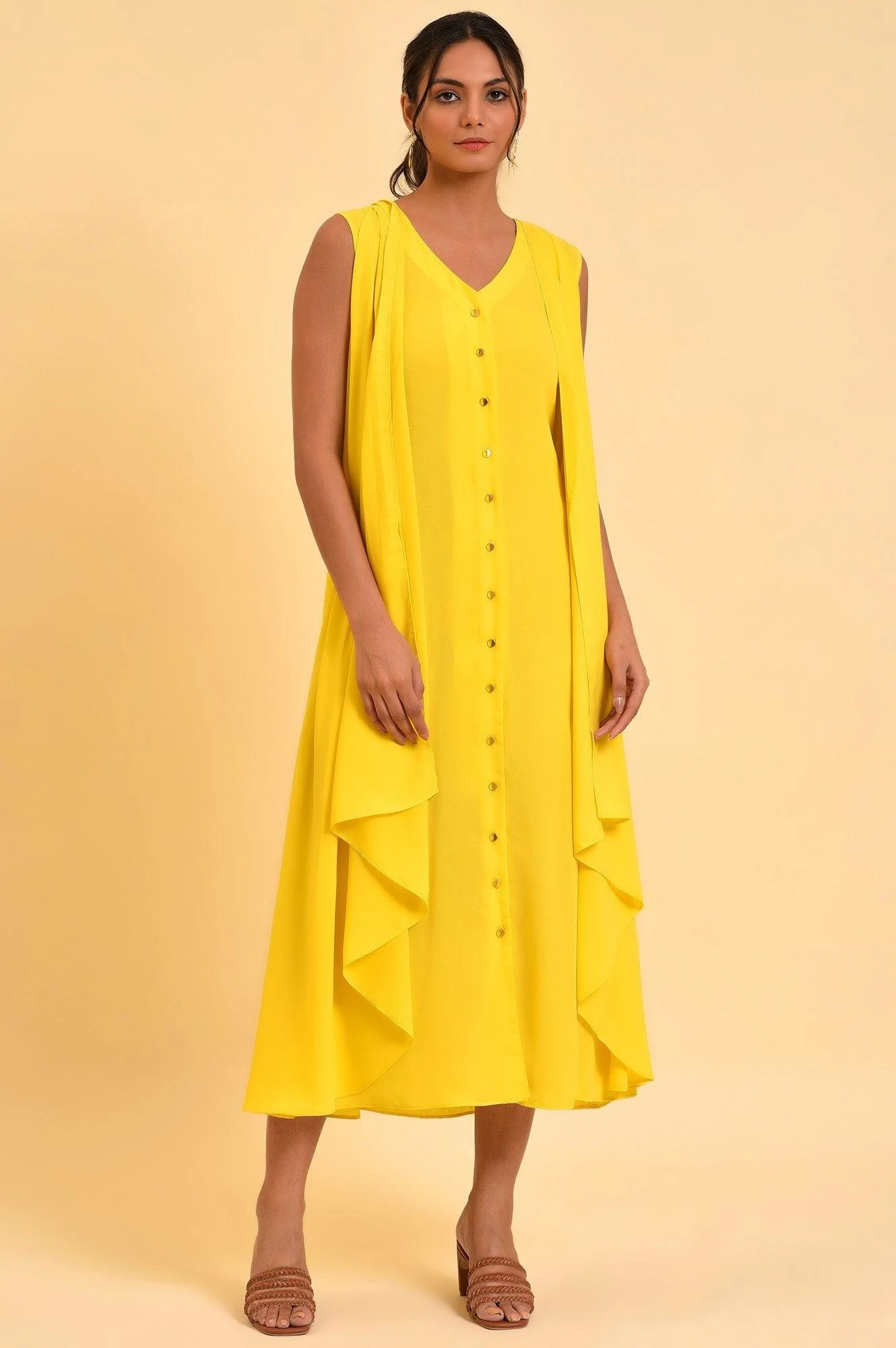 Yellow Sleeveless Draped Polyester Dress - Image 6