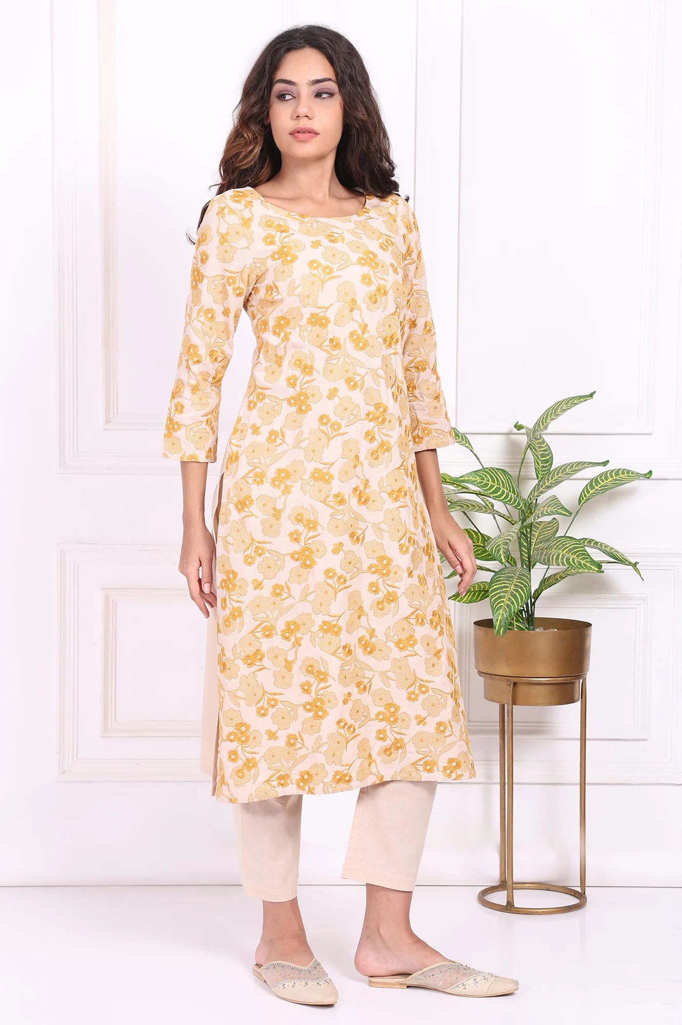 Yellow Floral Embroidered Straight Rayon Kurta and Straight Pant Set - Image 6