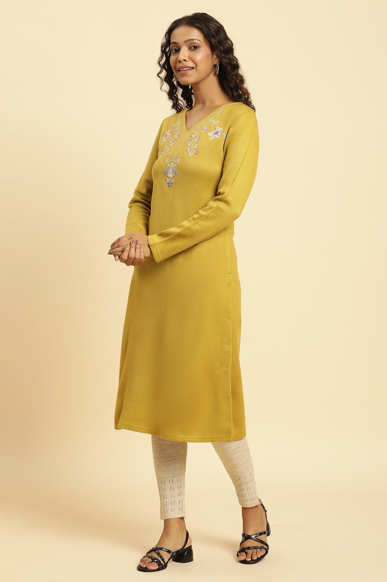 Yellow Floral Embroidered Straight Winter Kurta And Tights Set - Image 3