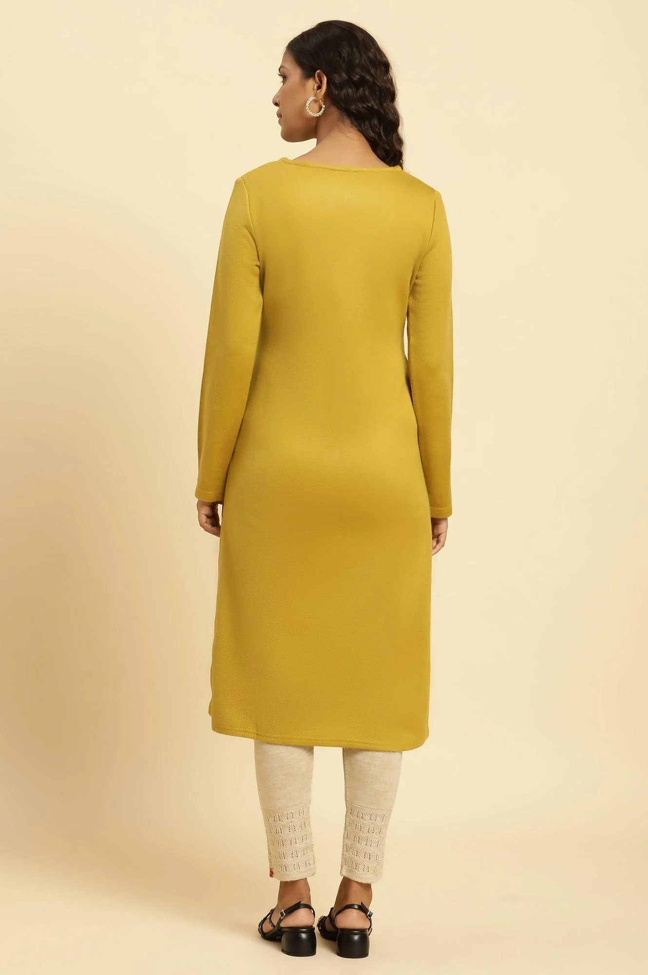 Yellow Floral Embroidered Straight Winter Kurta And Tights Set - Image 4