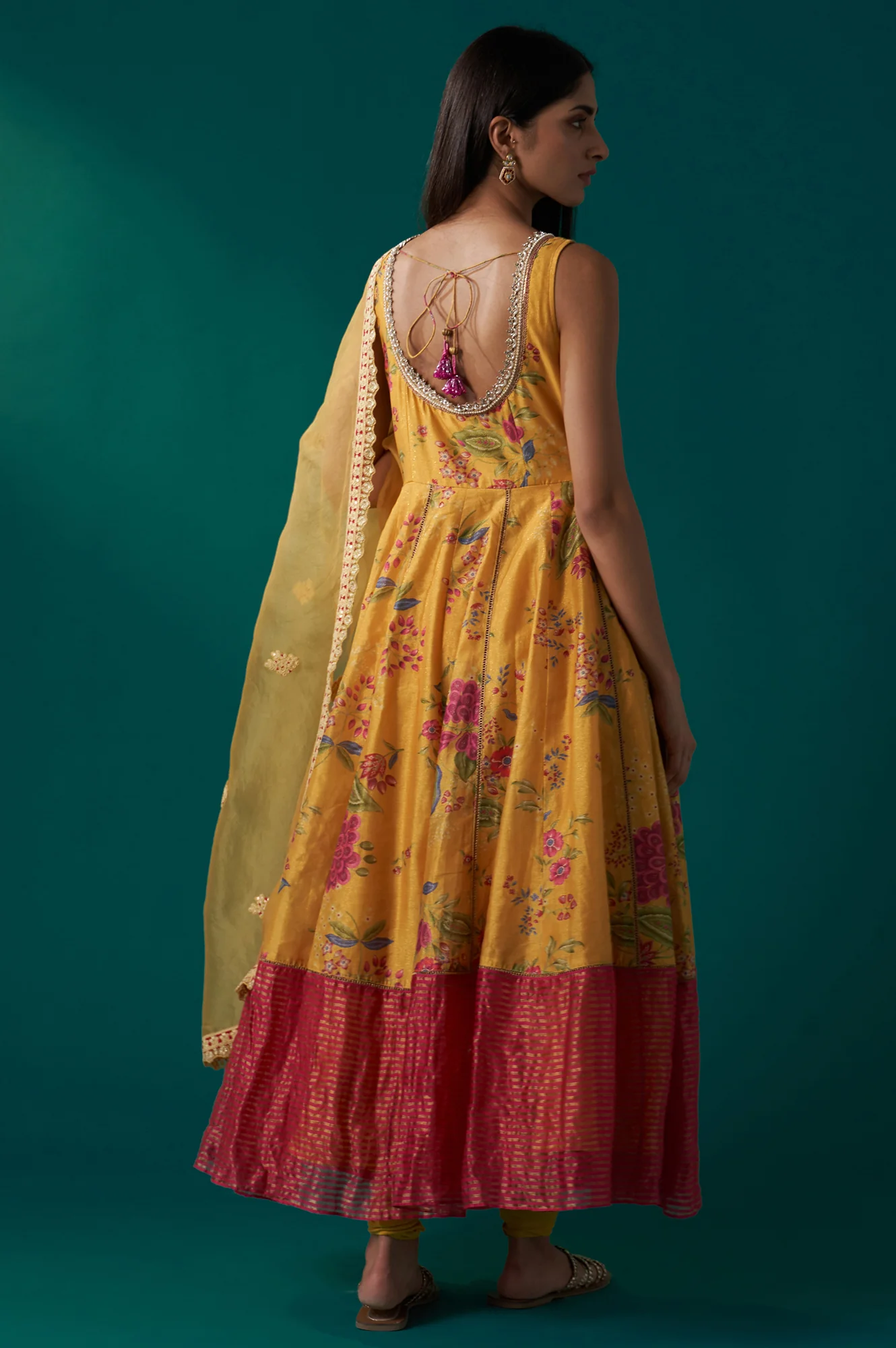 Yellow Floral Print Embroidered Anarkali Tissue Kurta with Churidar and Dupatta Set - Image 4