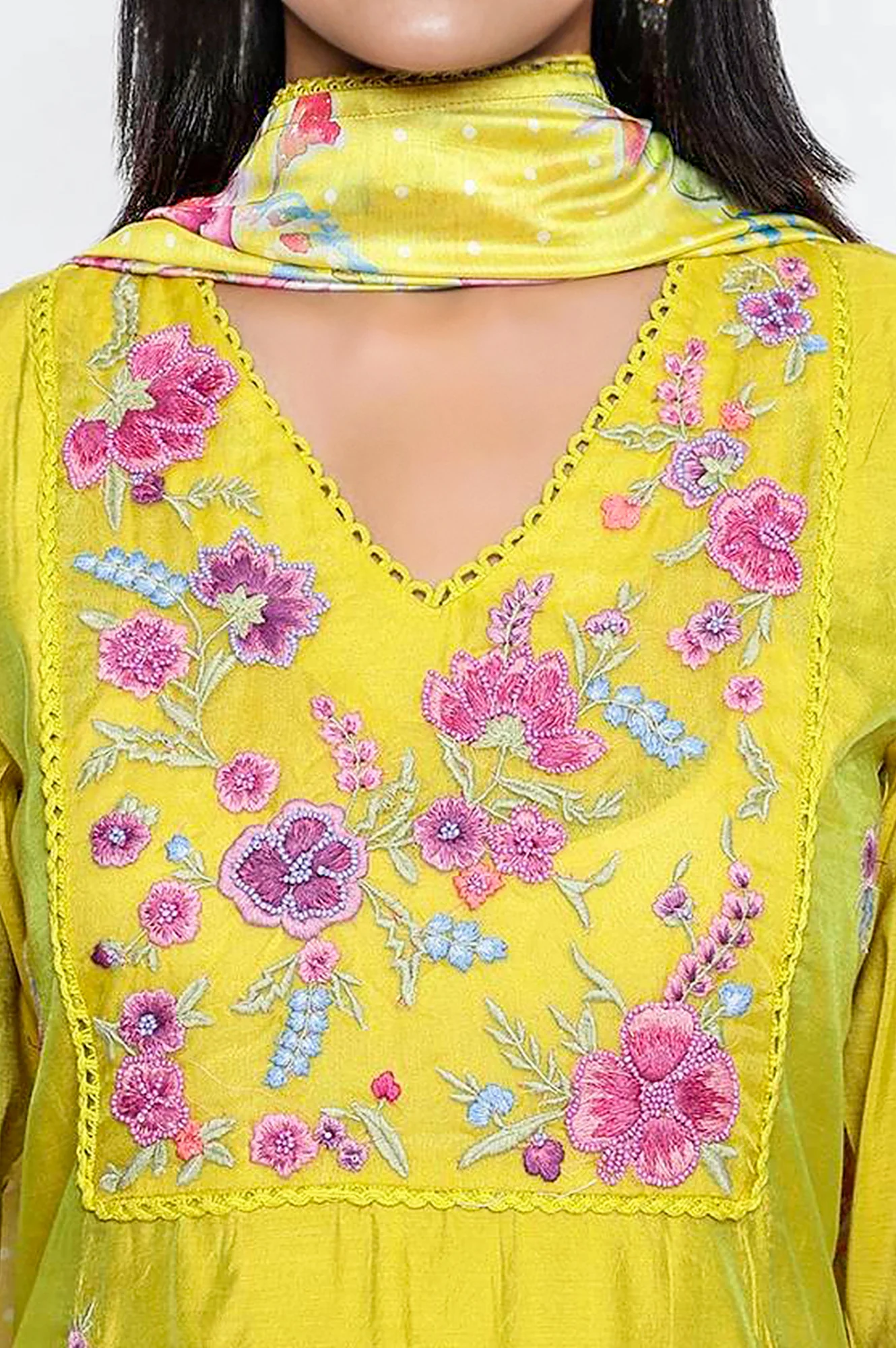 Yellow Floral Print Embroidered Flared Chanderi Kurta with Straight Pant and Dupatta Set - Image 2