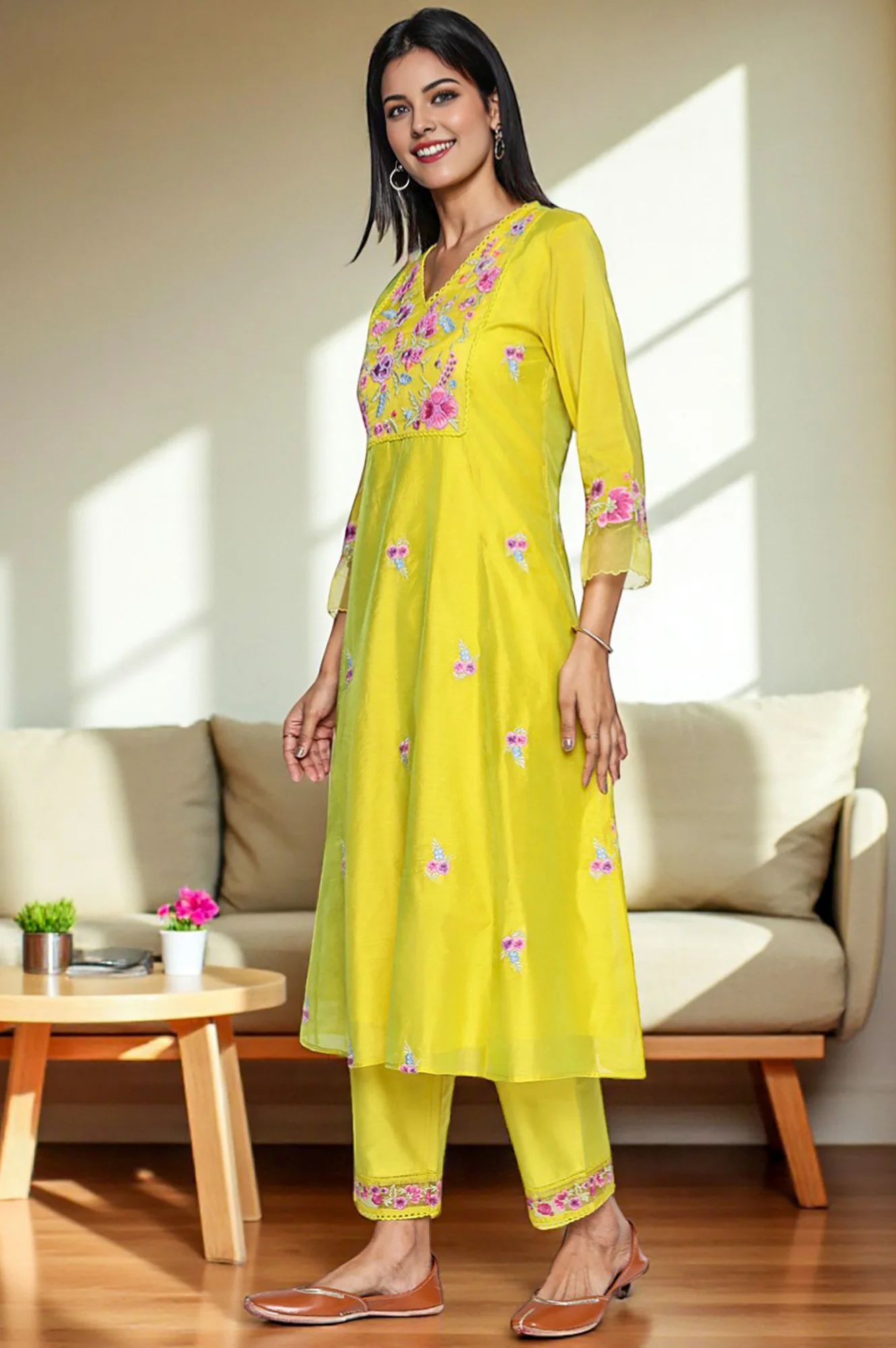 Yellow Floral Print Embroidered Flared Chanderi Kurta with Straight Pant and Dupatta Set - Image 3