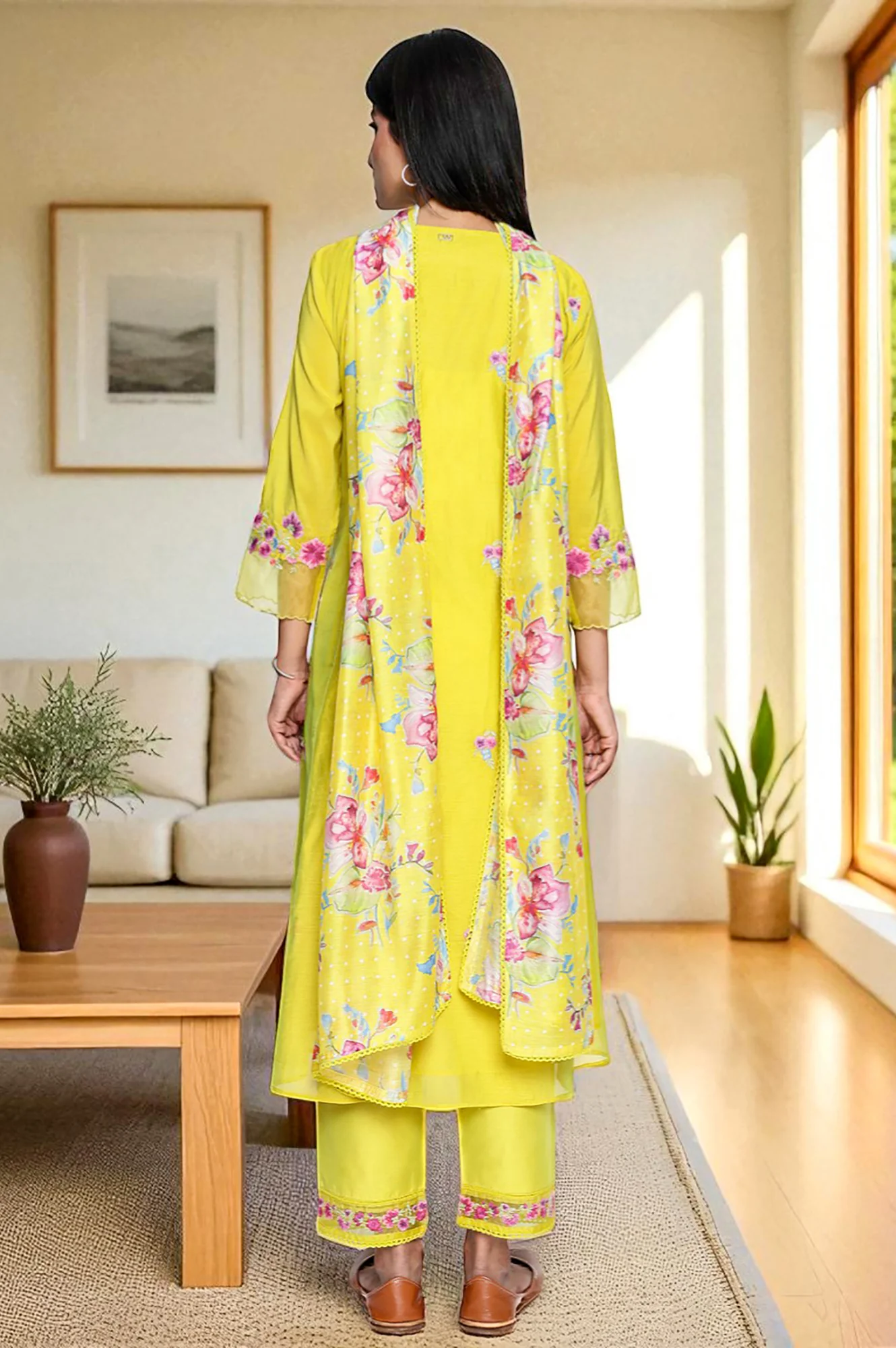 Yellow Floral Print Embroidered Flared Chanderi Kurta with Straight Pant and Dupatta Set - Image 4