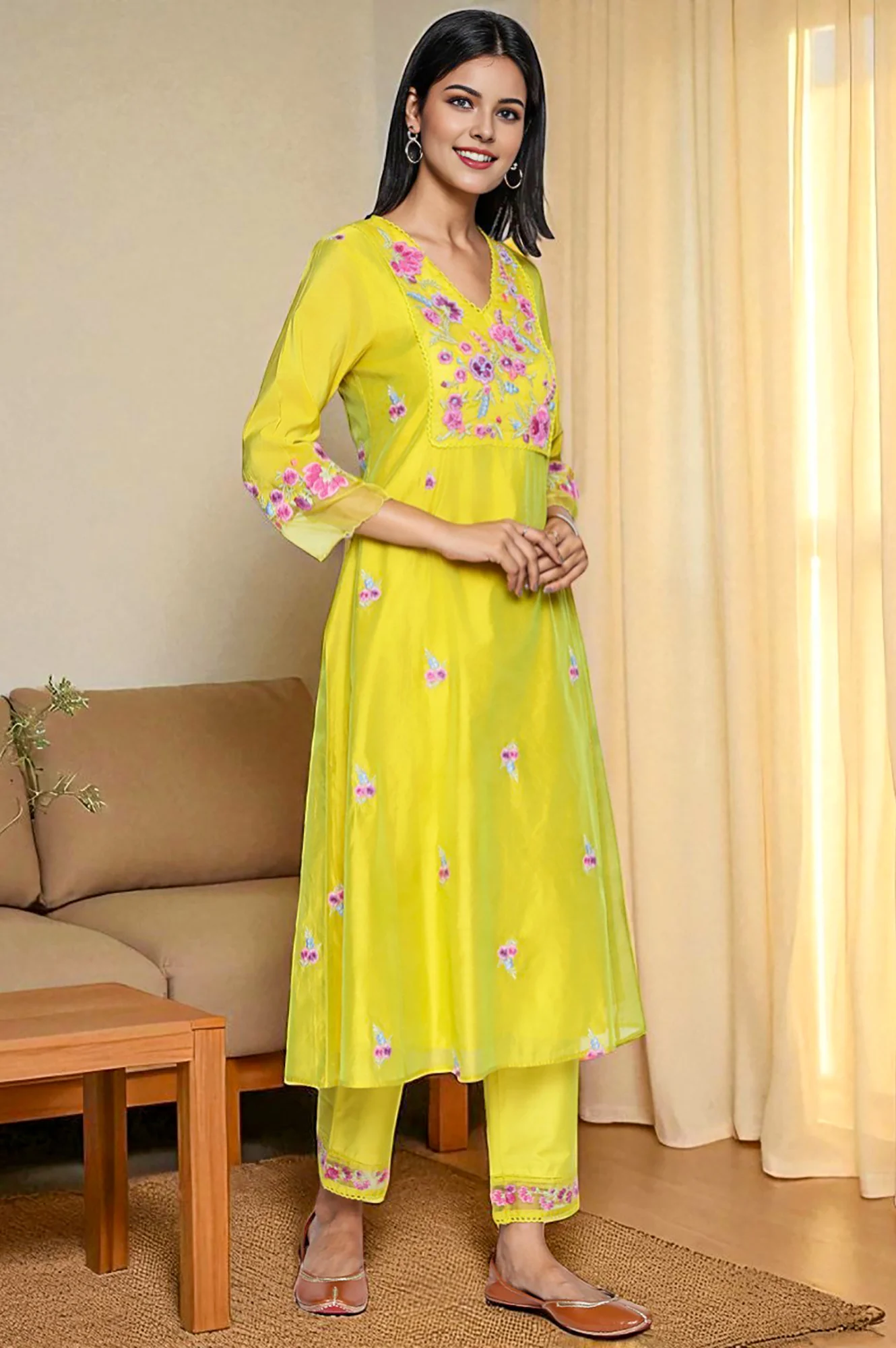 Yellow Floral Print Embroidered Flared Chanderi Kurta with Straight Pant and Dupatta Set - Image 5