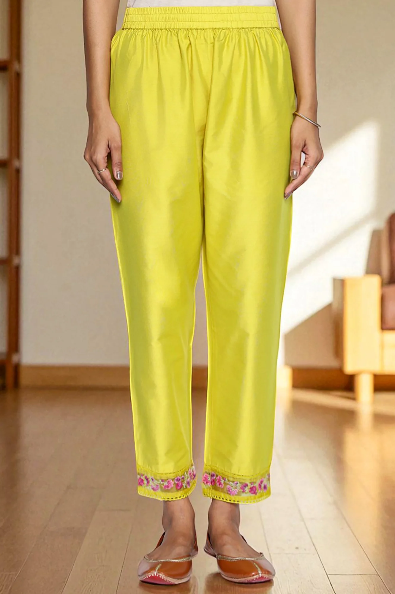 Yellow Floral Print Embroidered Flared Chanderi Kurta with Straight Pant and Dupatta Set - Image 6