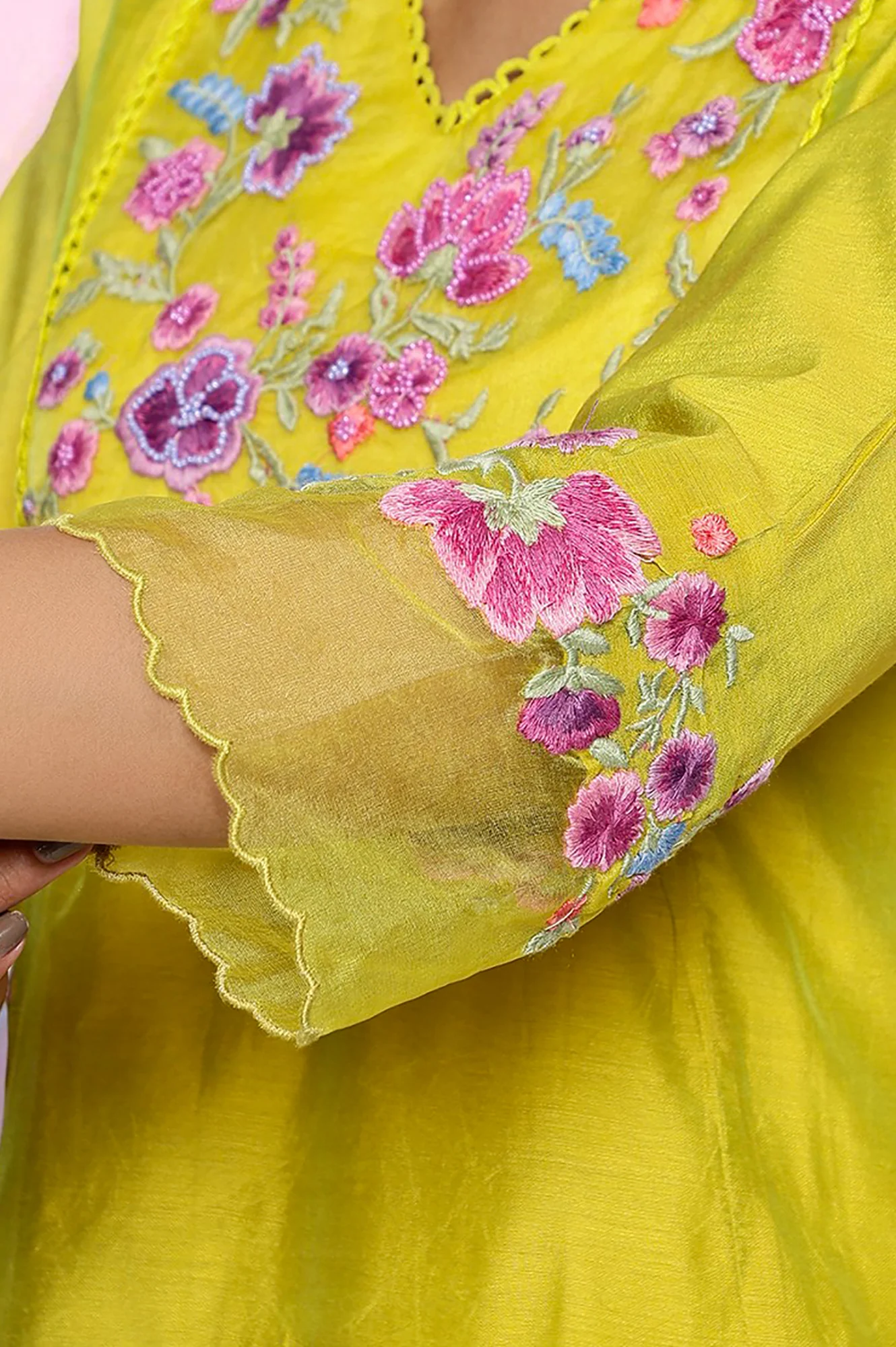 Yellow Floral Print Embroidered Flared Chanderi Kurta with Straight Pant and Dupatta Set - Image 7