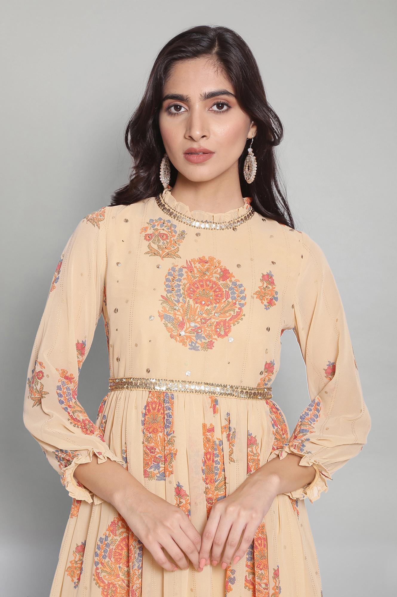 Yellow Floral Print Flared Victorian Dress - Image 5