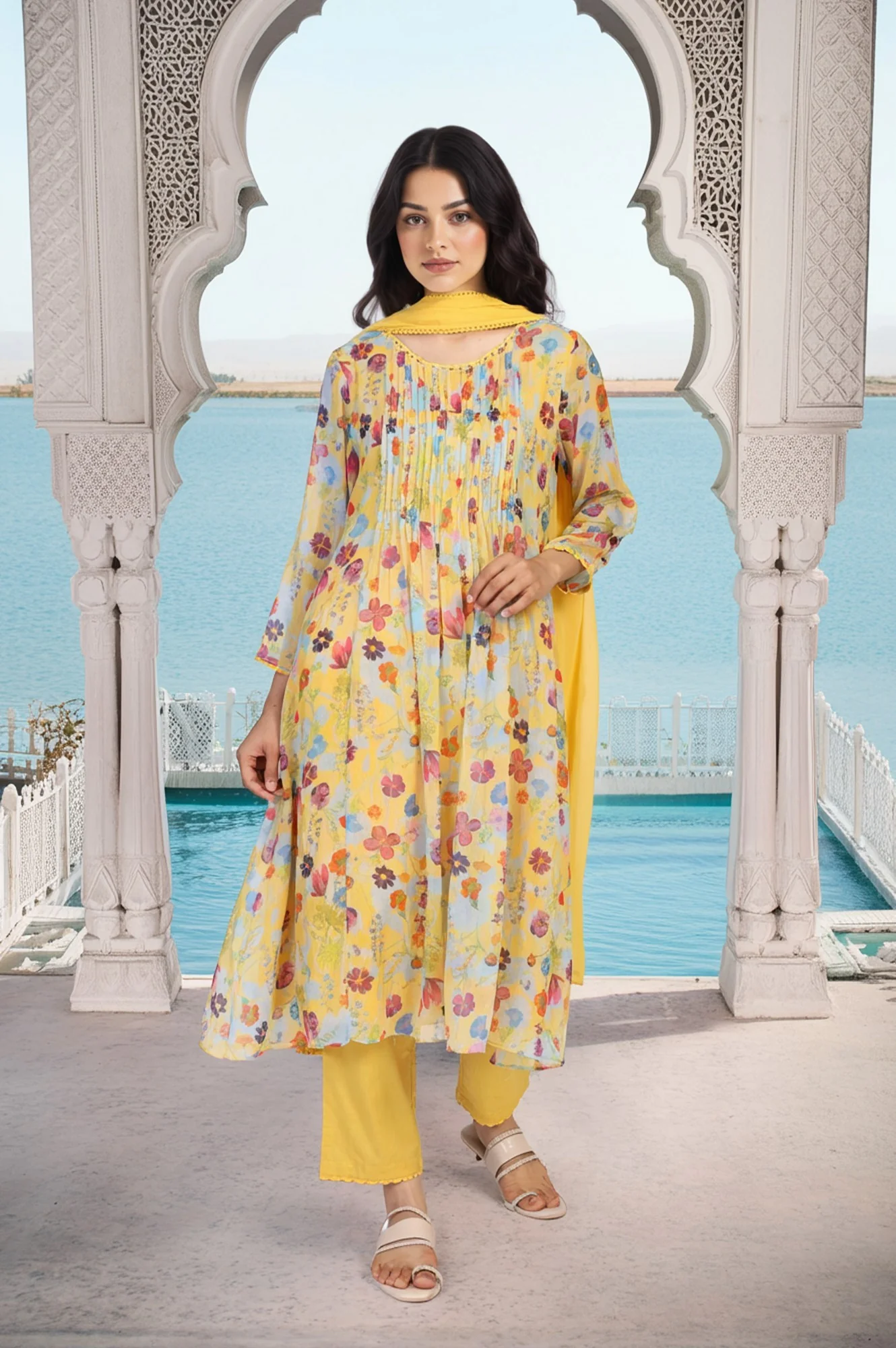 Yellow Floral Print Lace Trim Flared Chiffon Kurta with Pant and Dupatta Set - Image 2