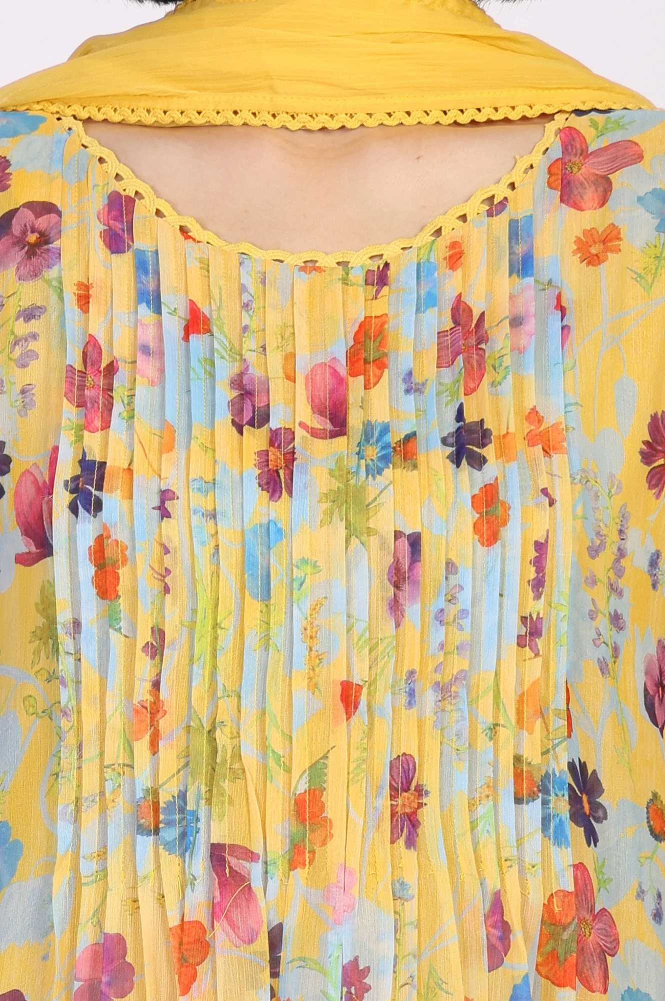 Yellow Floral Print Lace Trim Flared Chiffon Kurta with Pant and Dupatta Set - Image 3