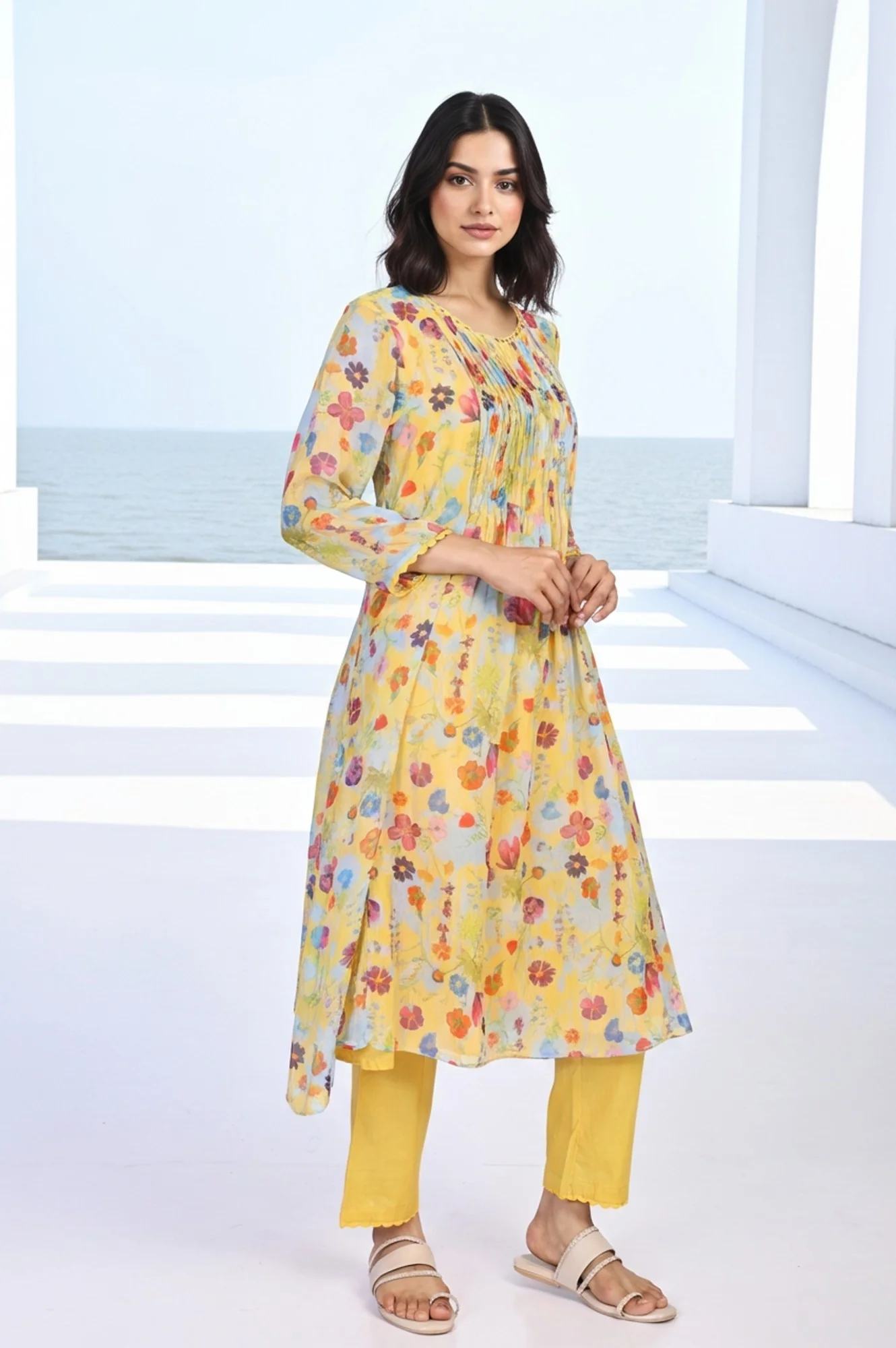 Yellow Floral Print Lace Trim Flared Chiffon Kurta with Pant and Dupatta Set - Image 4