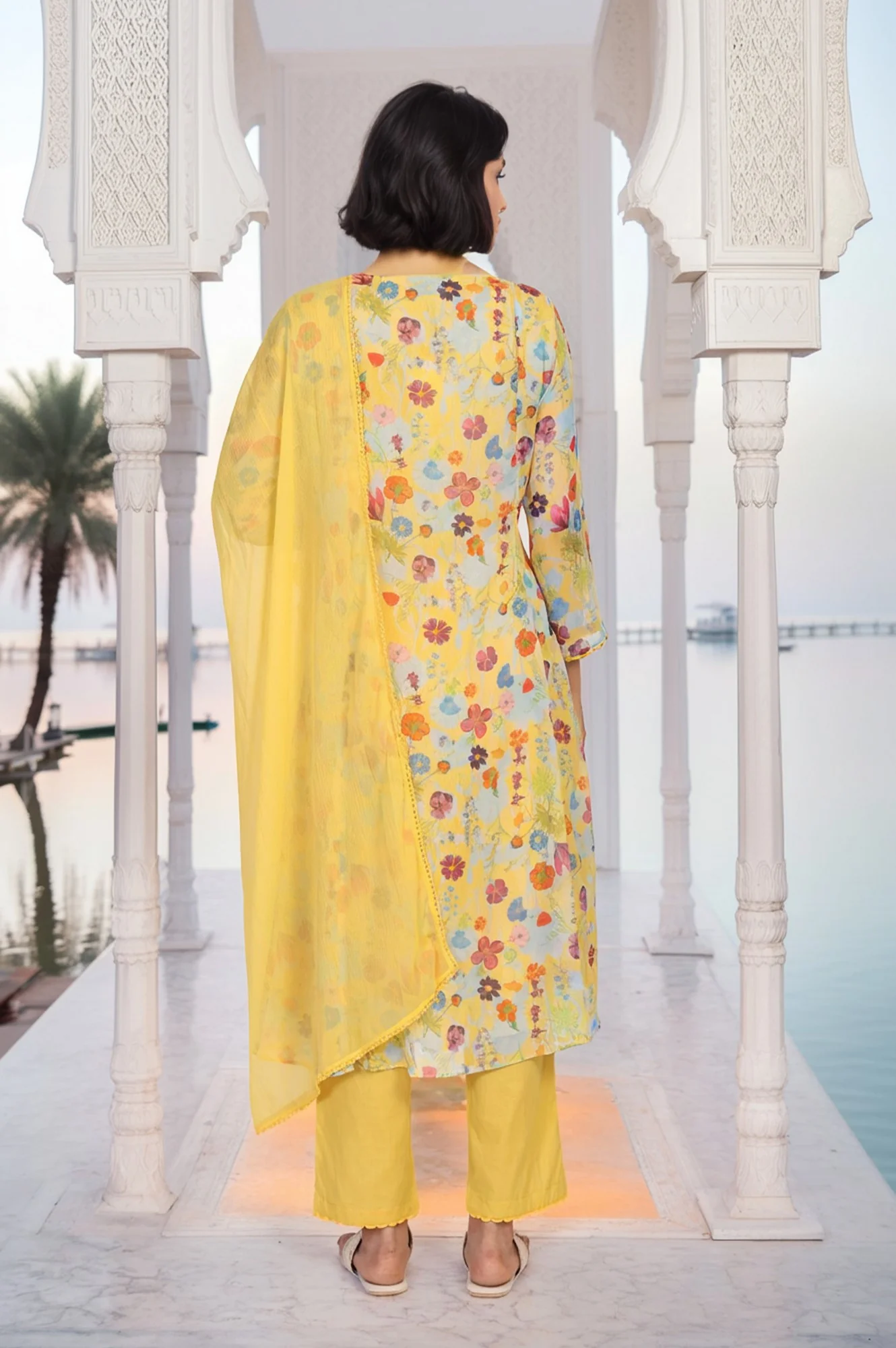 Yellow Floral Print Lace Trim Flared Chiffon Kurta with Pant and Dupatta Set - Image 5